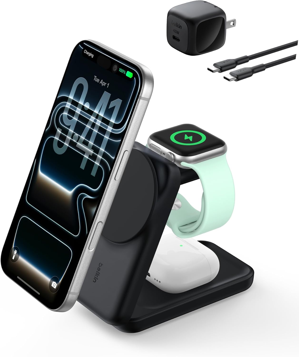 Belkin MagSafe Charger Compatible, 3-in-1 Charging Station, Qi2.2 25W Magnetic Wireless Charger Dock, Foldable Charging Stand for iPhone 17/16/15, Apple Watch, AirPods, Pixel 10 (45W Adapter Included)