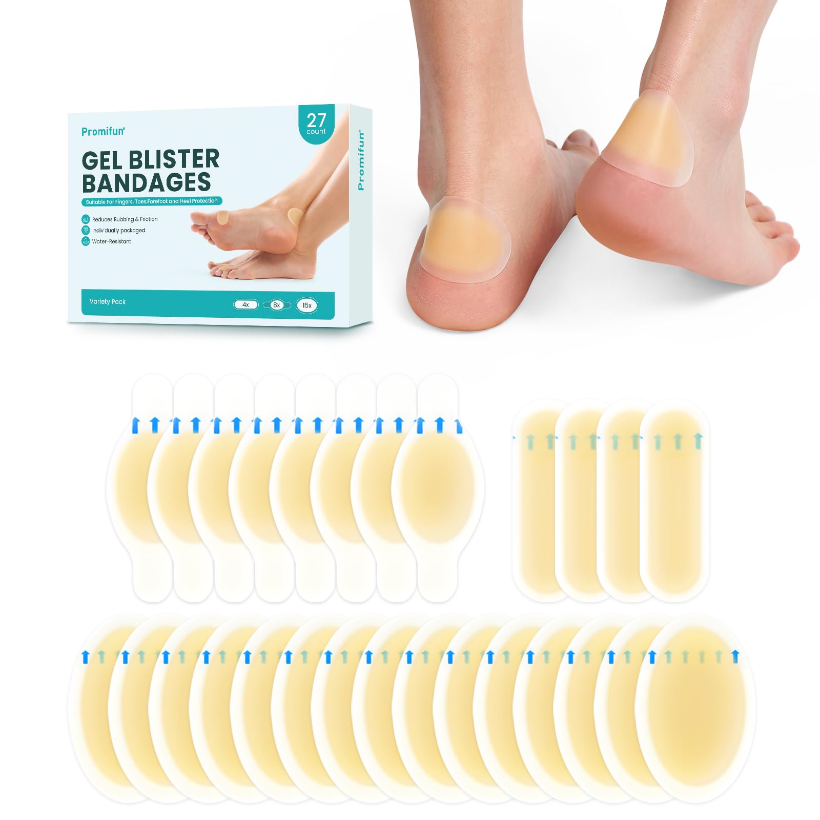 Hydrocolloid Gel Blister Bandages Pads - Promifun Blister Cushions - Water Resistant Hydrocolloid Bandage for Foot, Toe, Heel - Gel Blister Bandages for Prevention &amp; Recovery (27 ct, Variety Pack)