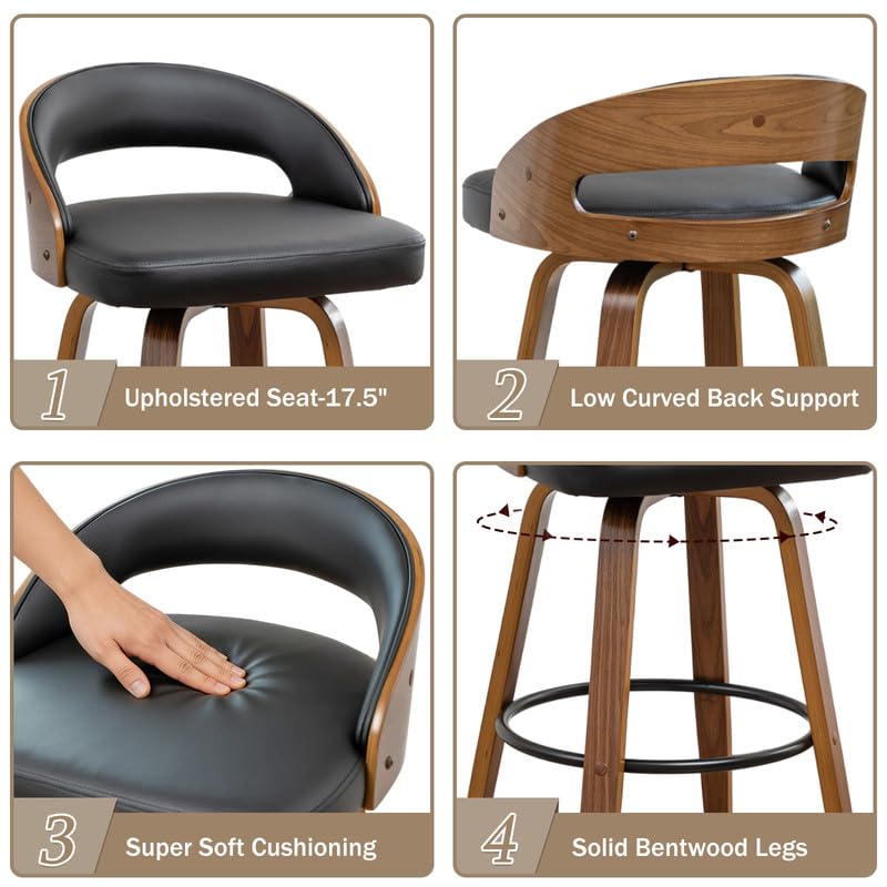 Set de 2 butacos giratorios de altura para barra, 30 pulgadas, con respaldo curvo de madera doblada y asientos tapizados, estilo moderno de mediados de siglo para cocina/barra en casa/café, color negro miniatura 3