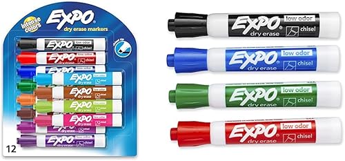 EXPO Marcadores de borrado en seco de bajo olor, punta de cincel, marcadores de pizarra blanca, colores surtidos, 16 unidades