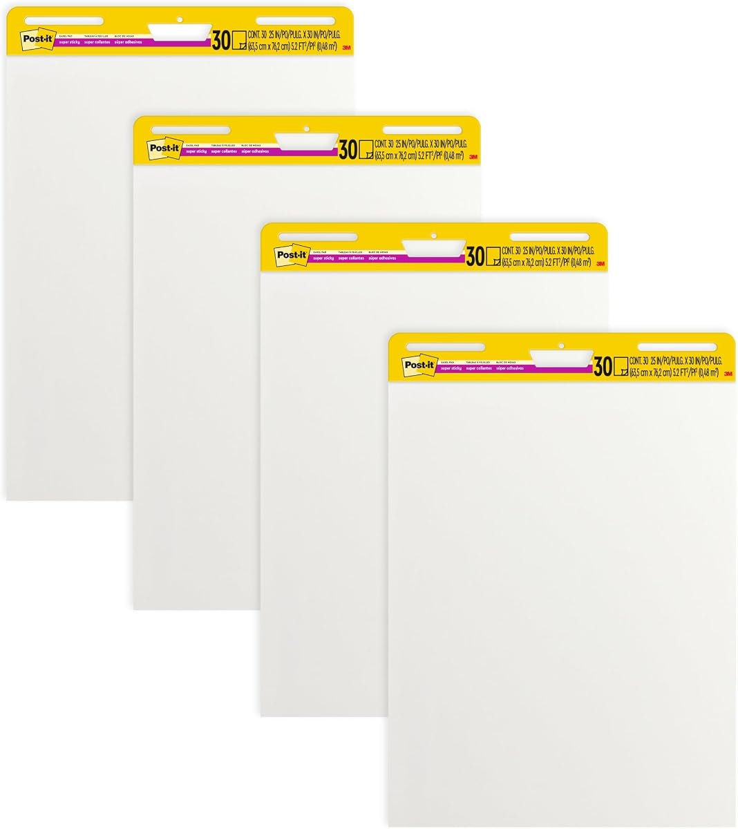 Almohadilla de caballete súper adhesiva, 25 x 30 pulgadas, forrada en blanco, 4 almohadillas | Papel de rotafolio autoadhesivo de primera calidad, gráfico de anclaje, suministros de oficina y útiles escolares, ideal para profesores y estudiantes