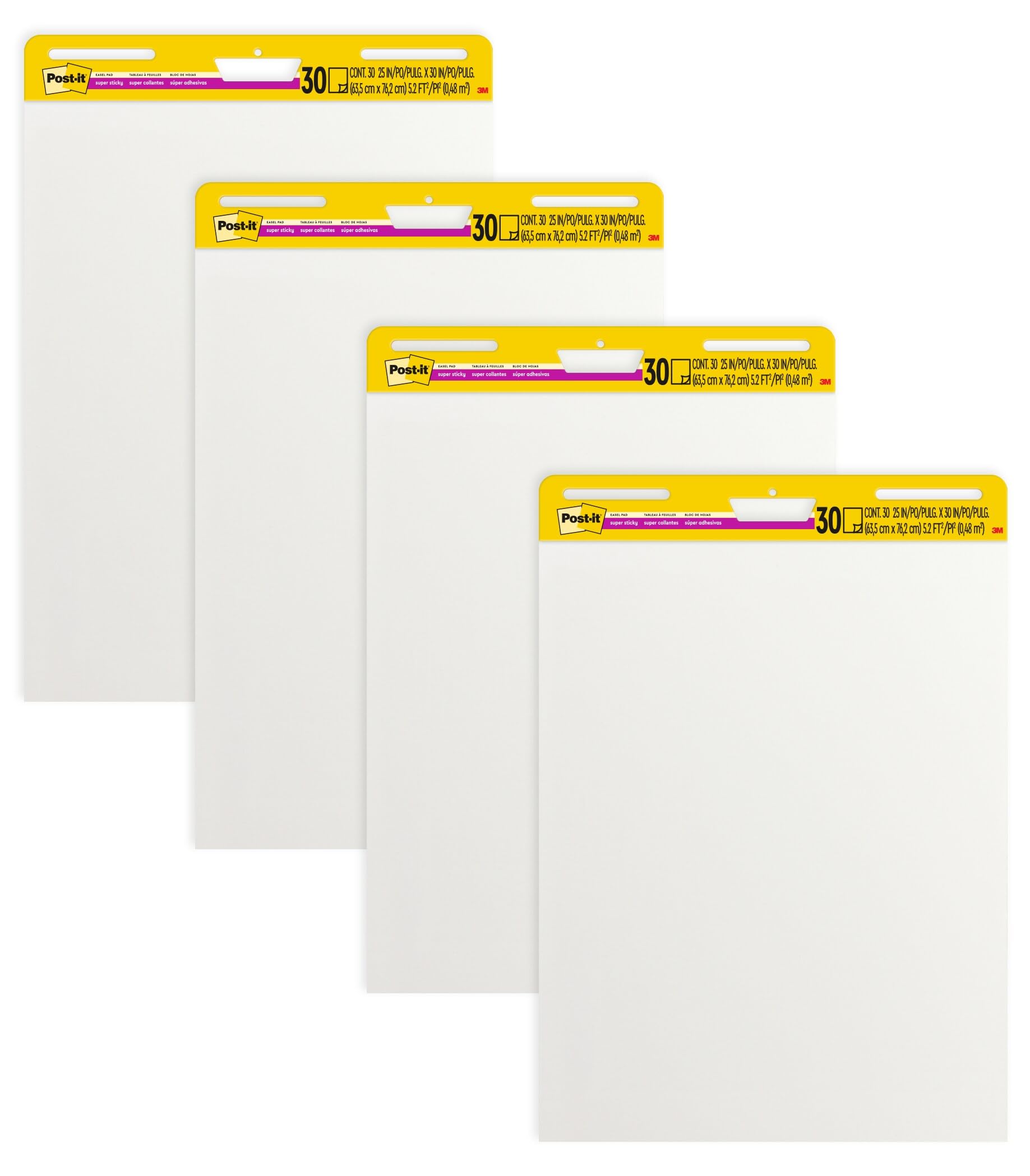 Post-it -Papel adhesivo para caballetes , 63.5x 77.5 cm - Bloque de 30 hojas (paquete de 2) Almohadillas para caballete 4 almohadillas blancas