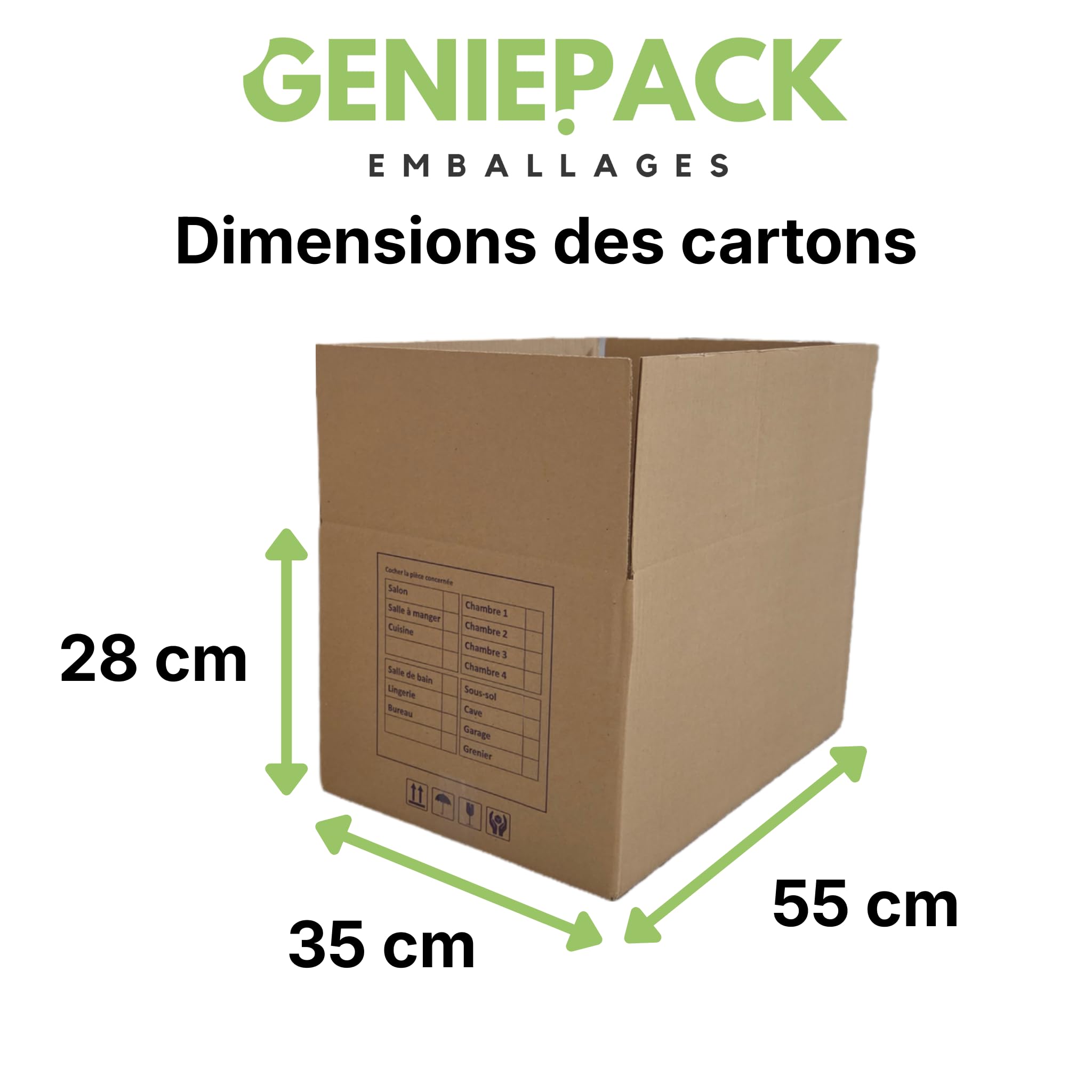 Cartons de Déménagement 55x35x28 cm 54L Simple Cannelure Renforcée 4mm Haute Rigidité Fabriqué en France