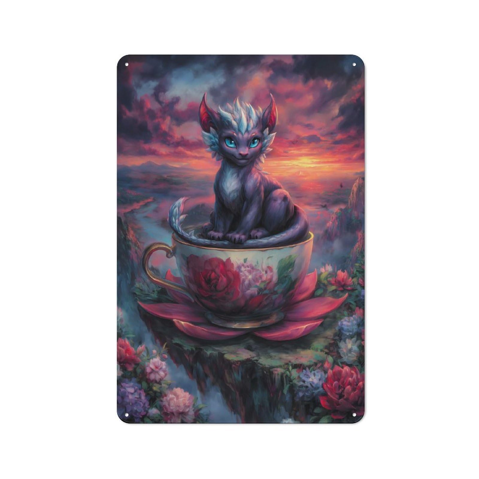 Junmoney Fantasy Creature In Teacup With Floral Tin Wall Plaque 30X20cm With For Workshop Wall, Suited To Makers And Diy Enthusiasts