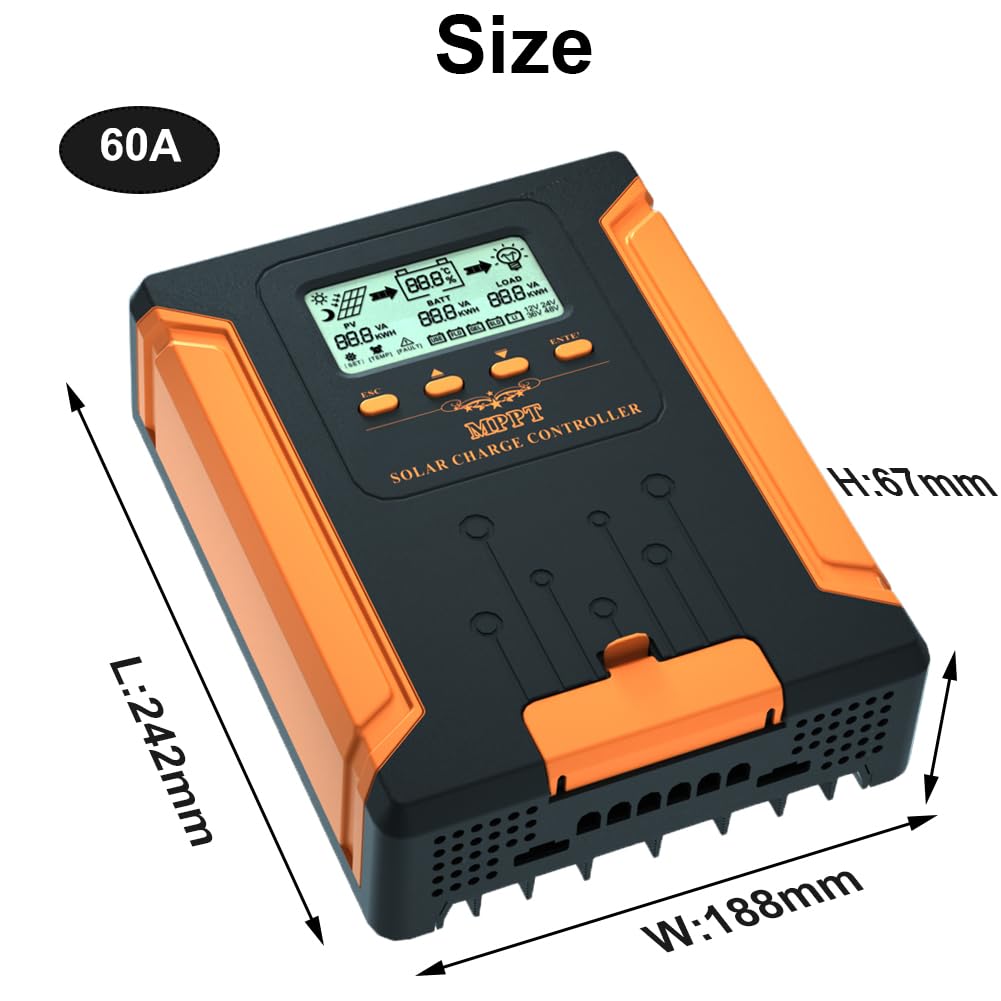 SolaMr 60A MPPT Laderegler Solar 12V 24V 36V 48V Auto, Solarregler mit LCD-Anzeige, Mppt-solarladeregler Max 180V Input für Gel Sealed Flooded und Lithium Batterie-CM-60A