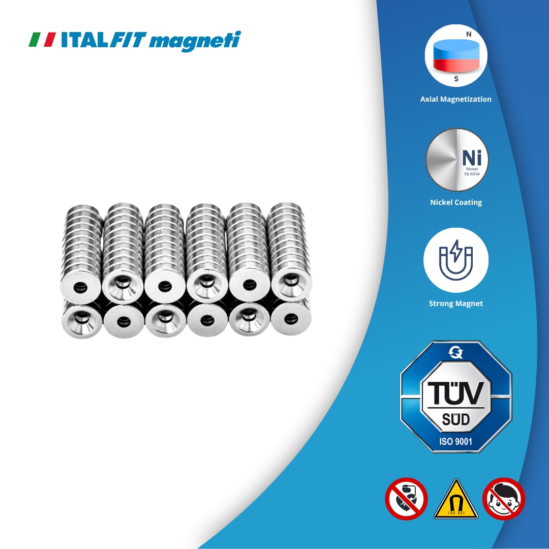 ITALFITMAGNETI | 120 sztuk magnesów z otworem neodymowym o sile 0,90 kg - średnica 10 mm, grubość 3 mm, otwór 3,2 do wkręcania