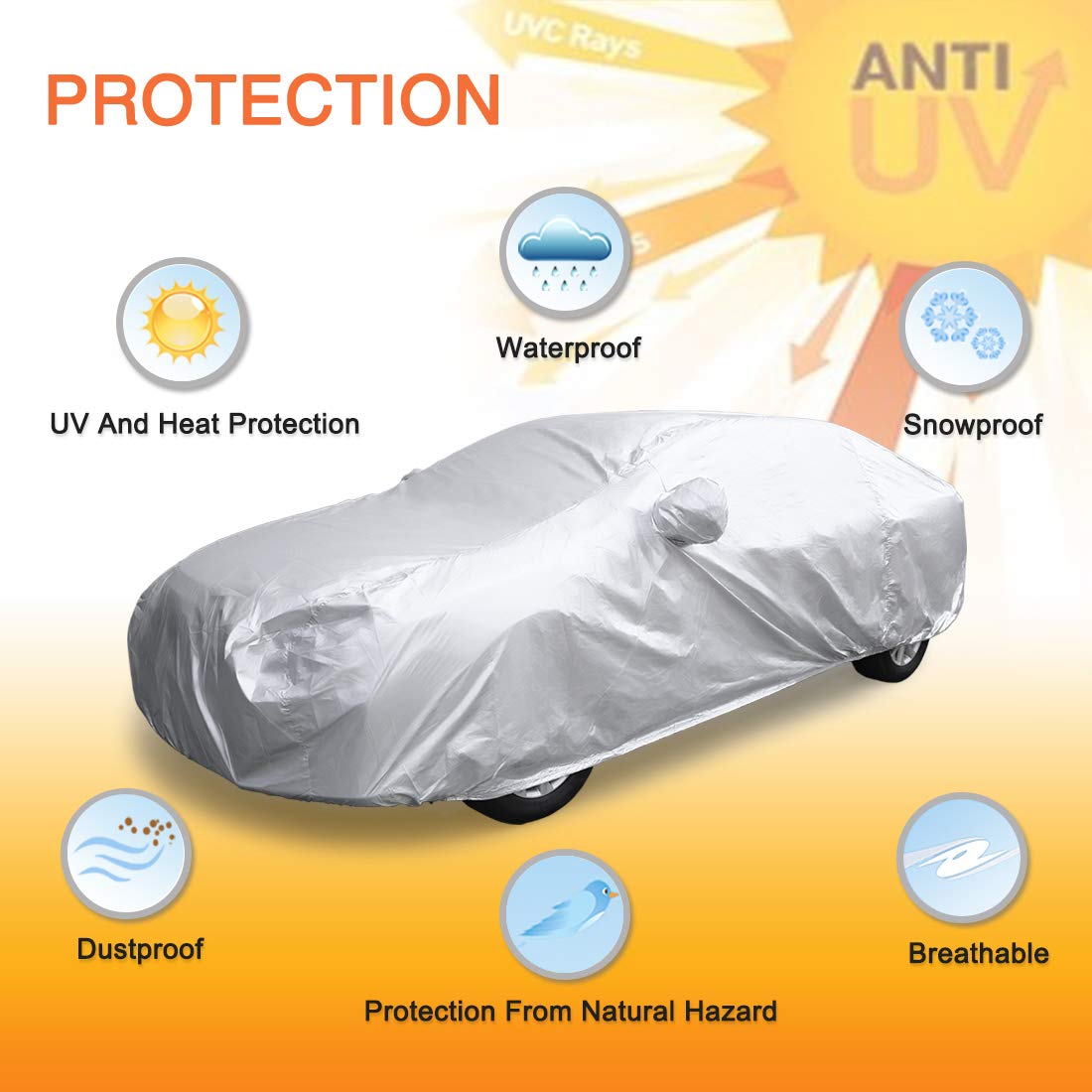 uxcell 3XXL Silver Tone 190T Car Cover Outdoor Weather Waterproof Scratch Rain Snow Heat Resistant W Mirror Pocket — view 2