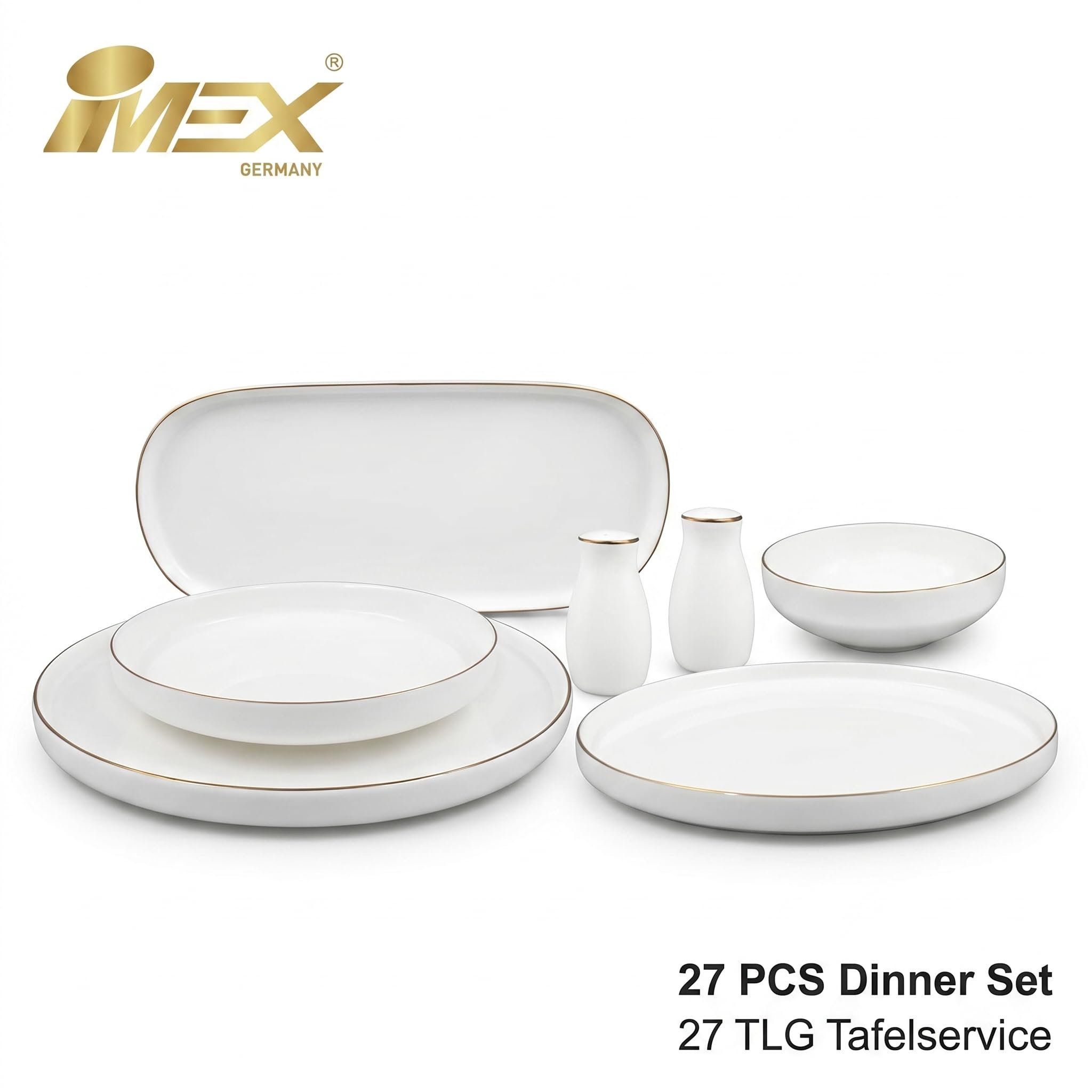 IMEX Germany 27-częściowy zestaw zastawy stołowej ze złotą krawędzią dla 6 osób | luksusowy zestaw naczyń porcelanowych w kolorze białym i złotym | elegancki serwis kombi z półmiskiem do serwowania i