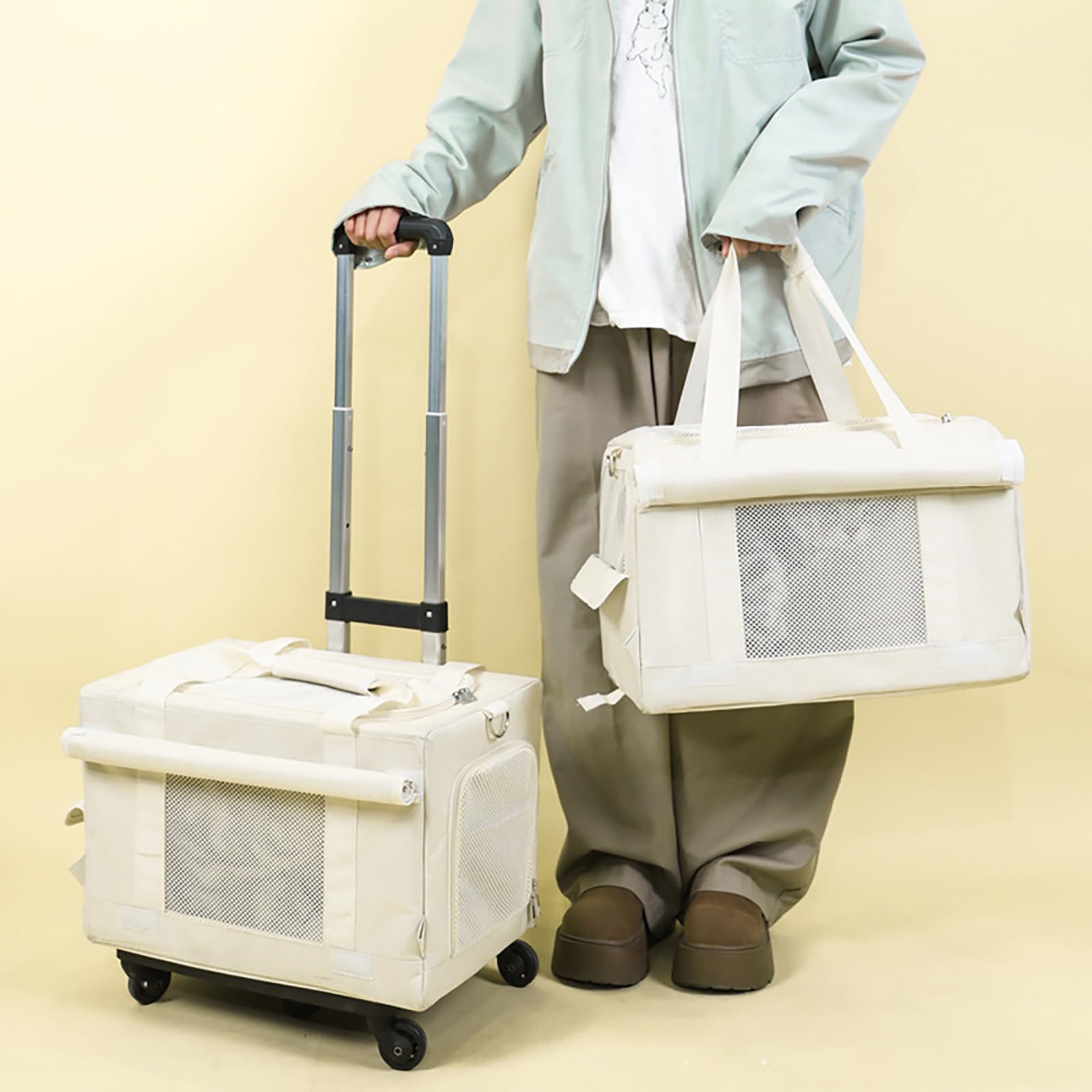 Sac De Transport à roulettes Double Couche pour Animaux De Compagnie avec FenêTres en Filet Et Tapis Amovible pour Deux Chats, Adapté Aux Avions, Au Camping Et à L'ExtéRieur, Blanc (Single Layer)