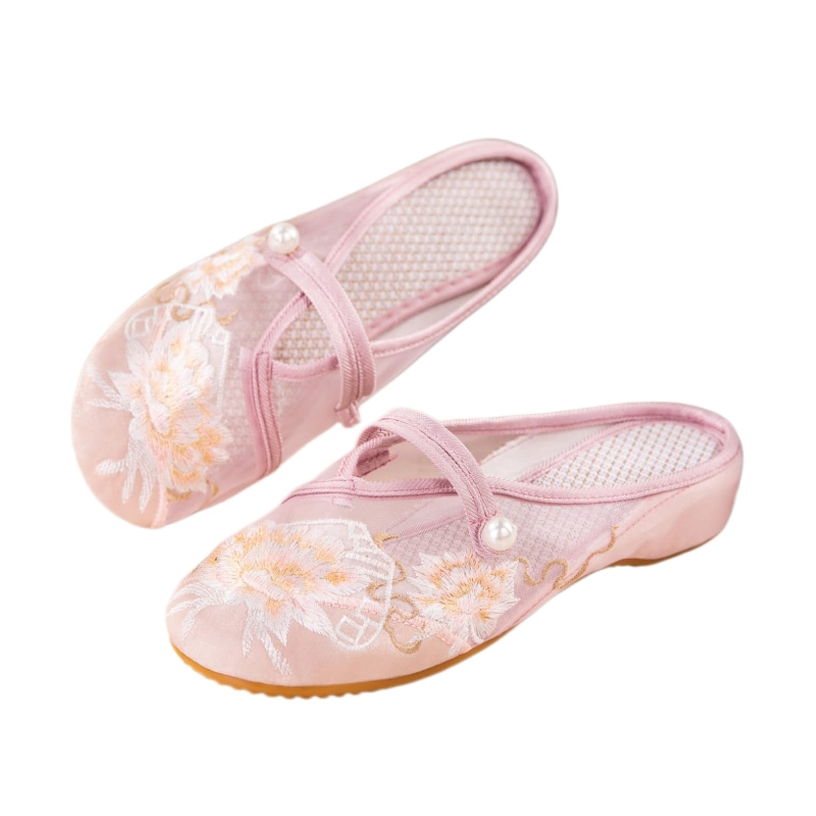 Gyios Women's Pink Clogs & Mules Floral Embroidery Mesh Mule Slippers, Slip-On Strap Flat Rubber Shoes For Dresses Pants Daily Wear-41