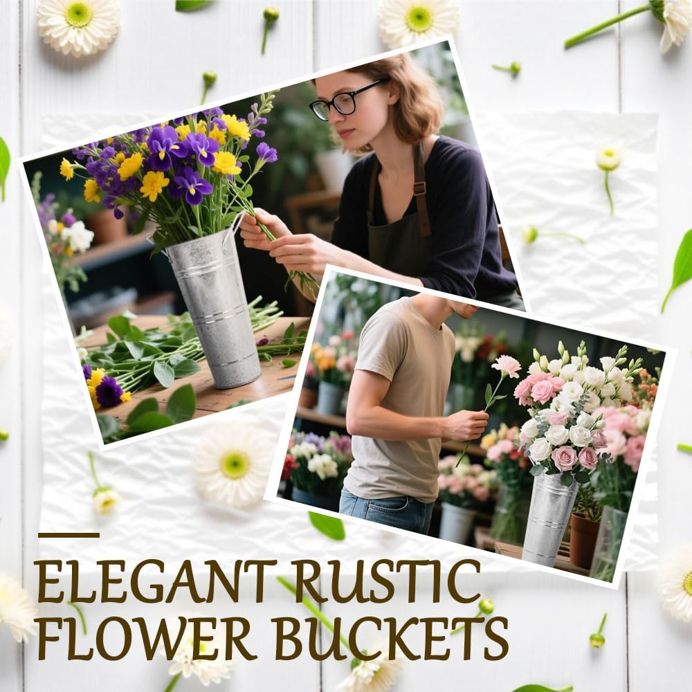 8 Pcs 10 Inch Galvanized Metal Vase, Farmhouse Decorative Flower Buckets for Cut Flowers, French Country Decorative Vases for Home Table Wedding Birthday (Sliver)
