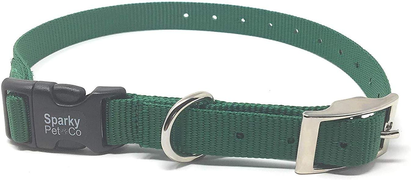 Sparky Pet Co - ECollar Replacement Strap - Double Buckle Dog Collar - Rugged Nylon - Adjustable - D Ring - Quick Release Metal Clasp - for Invisible Fence Systems - 1" x 25 ½” Green