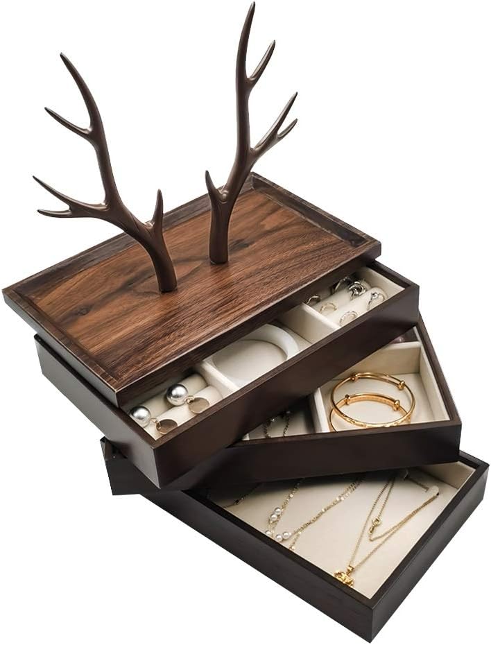 4 in 1 Multifunctional Home Decoration, Jewelry Dish Tray/Stackable Jewelry Organizer Trays/Key Tray/Tiered Tray Decor, Premium Wood Jewelry Key Phone Storage Box