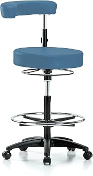 Perch Rolling Dental Stool Adjustable Height with Procedure Arm and Foot Ring | High Bench Height 24.5-32" | Colonial Blue Vinyl