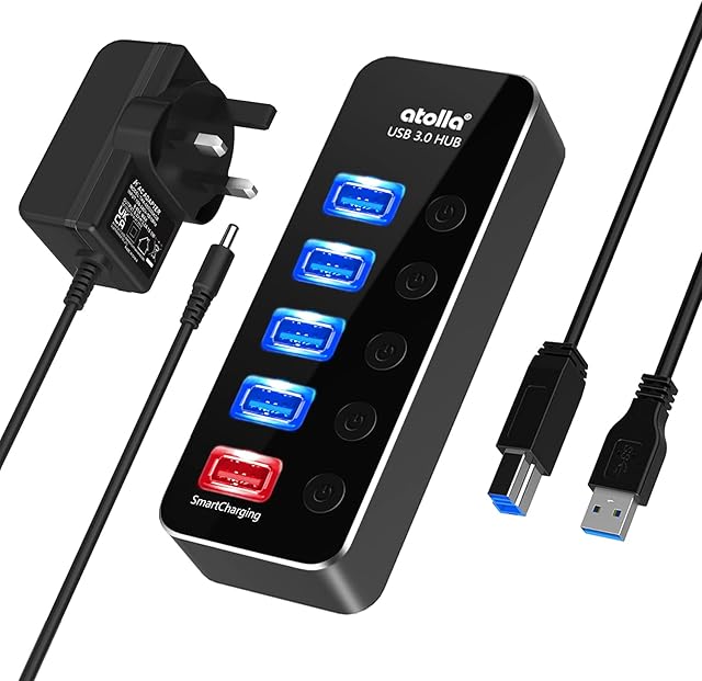 Atolla USB Hub Powered, 4-Port USB 3.0 data Hub+1 Smart USB Charging Port Aluminum Splitter with 5V/3A Power Adapter and Individual On Off Switches and 39-inch Detachable USB Extension Cord