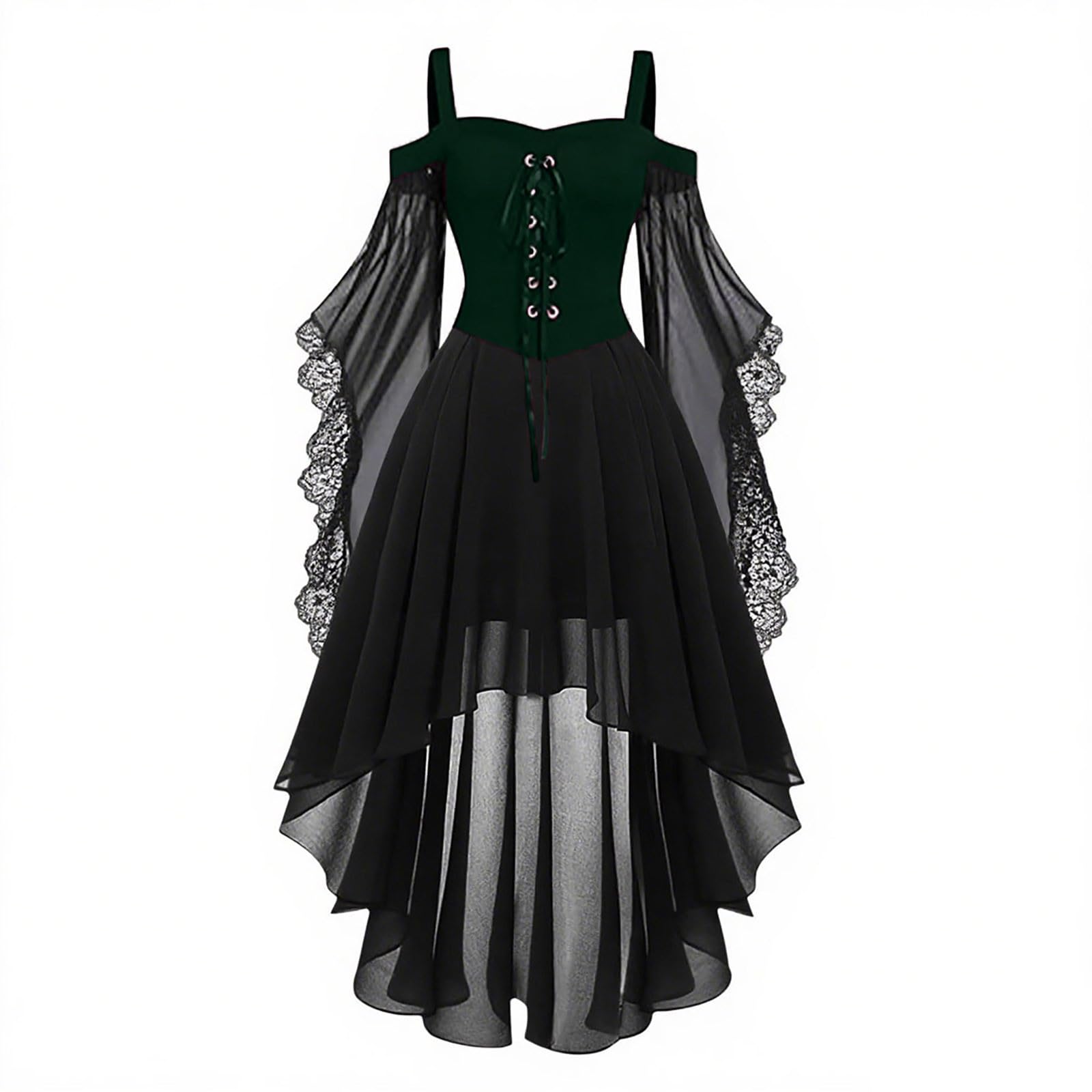 HAOLEI Medieval Costume Women, Halloween Dresses Vintage Lace Renaissance Victorian Dress Cold Shoulder Butterfly Sleeve Retro Steampunk Rockabilly Goth 80s Dress Ladies
