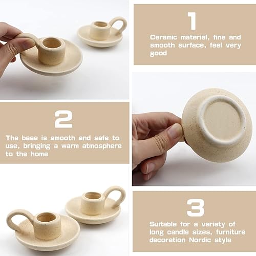 Miniatura 3 de 2 portavelas de cerámica, portavelas con asa para velas cónicas e incienso, Navidad, boda, comedor, decoración del hogar (beige)