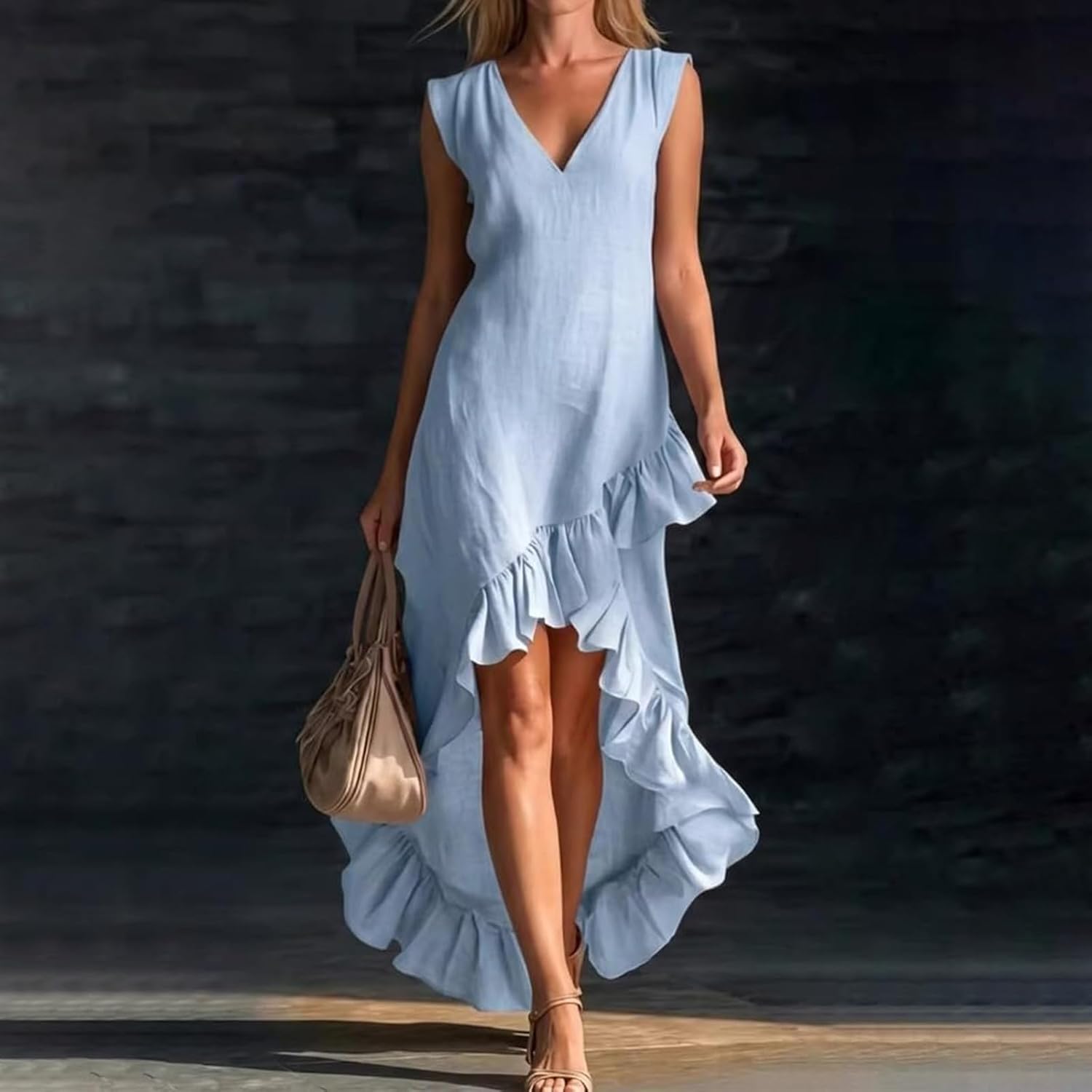 Cotton Linen Dresses for Women 2026 V Neck Sleeveless High Low Ruffle Hem Summer Beach Sundress Casual Flowy Dress