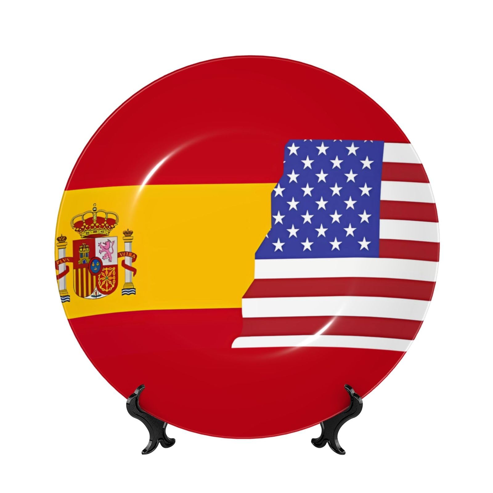 SXZVVBN American Spain Flag Bone China Decorative Plate Art with Stand Removable Adhesive Hanging for Home Office 7in
