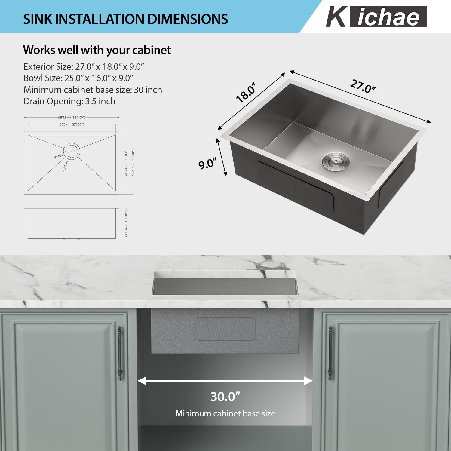 Kichae 27 Inch Undermount Kitchen Sink 27 x18 Inch Kitchen