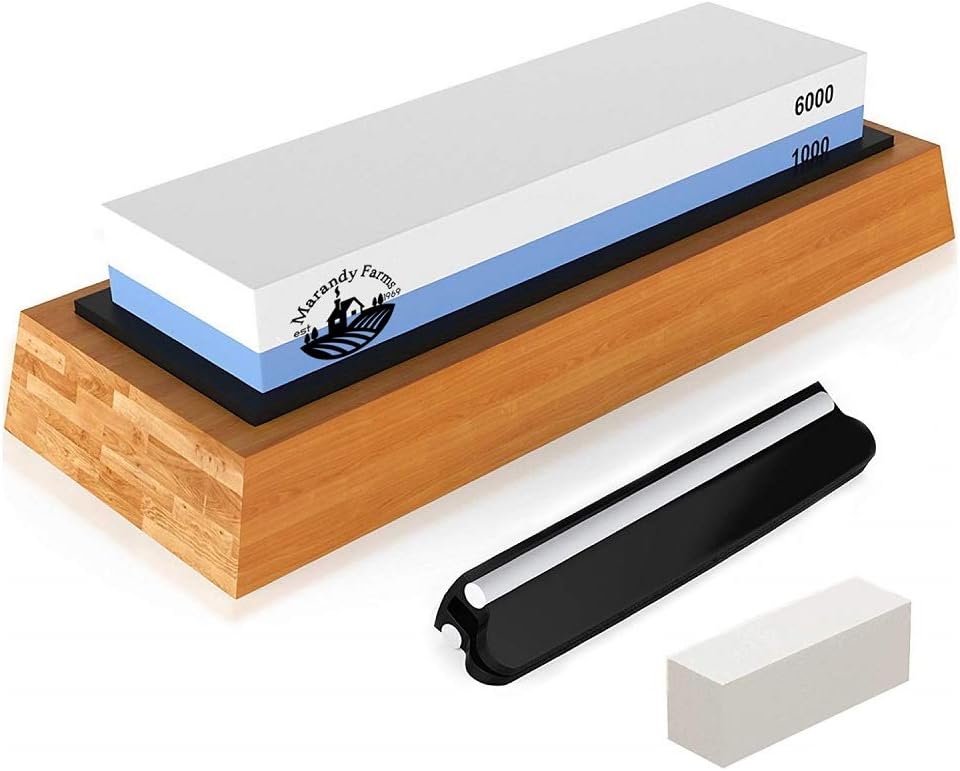 Whetstone Knife Sharpening Stone - 2 Sided Professional Waterstone - Kit + Accessories - 1000/6000 Grit - Nonslip Bamboo Base + Ceramic Angle Guide, Flattening Stone & Video Instruction