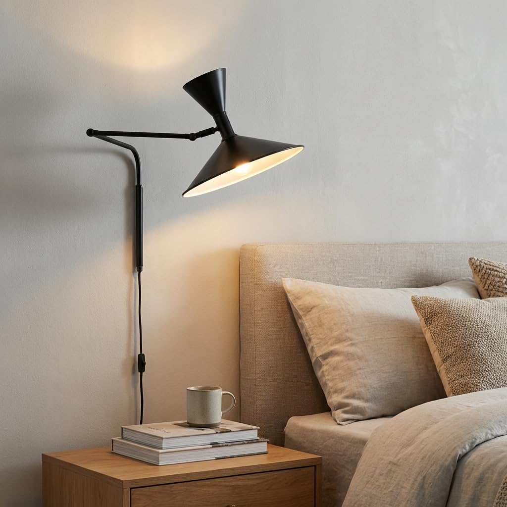 BARCELONA LED Applique Murale Industrielle Grand Modèle 40 cm, Lampe Murale à Bras Articulé, Style Vintage, Abat-jour Métal Noir Intérieur Blanc, Idéal Restaurant, Escalier et Chambre