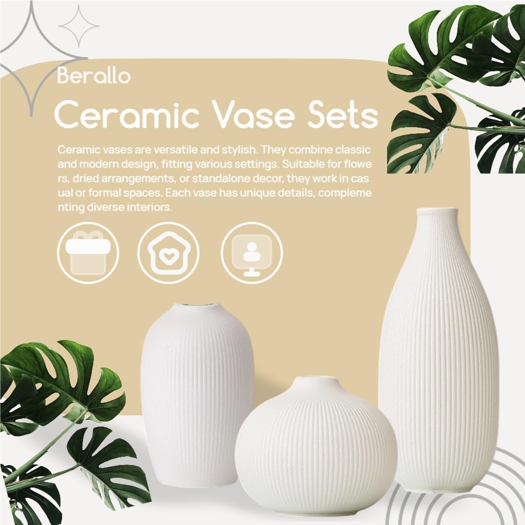 White Ceramic Vase Set of 3 - Small Modern Minimalist Ceramic Bud Vases for Home Decor - Boho Aesthetic Flower Vases for Desk, Shelf & Table, Mantle, Bookshelf (Cute & Versatile) (White) - Image 4