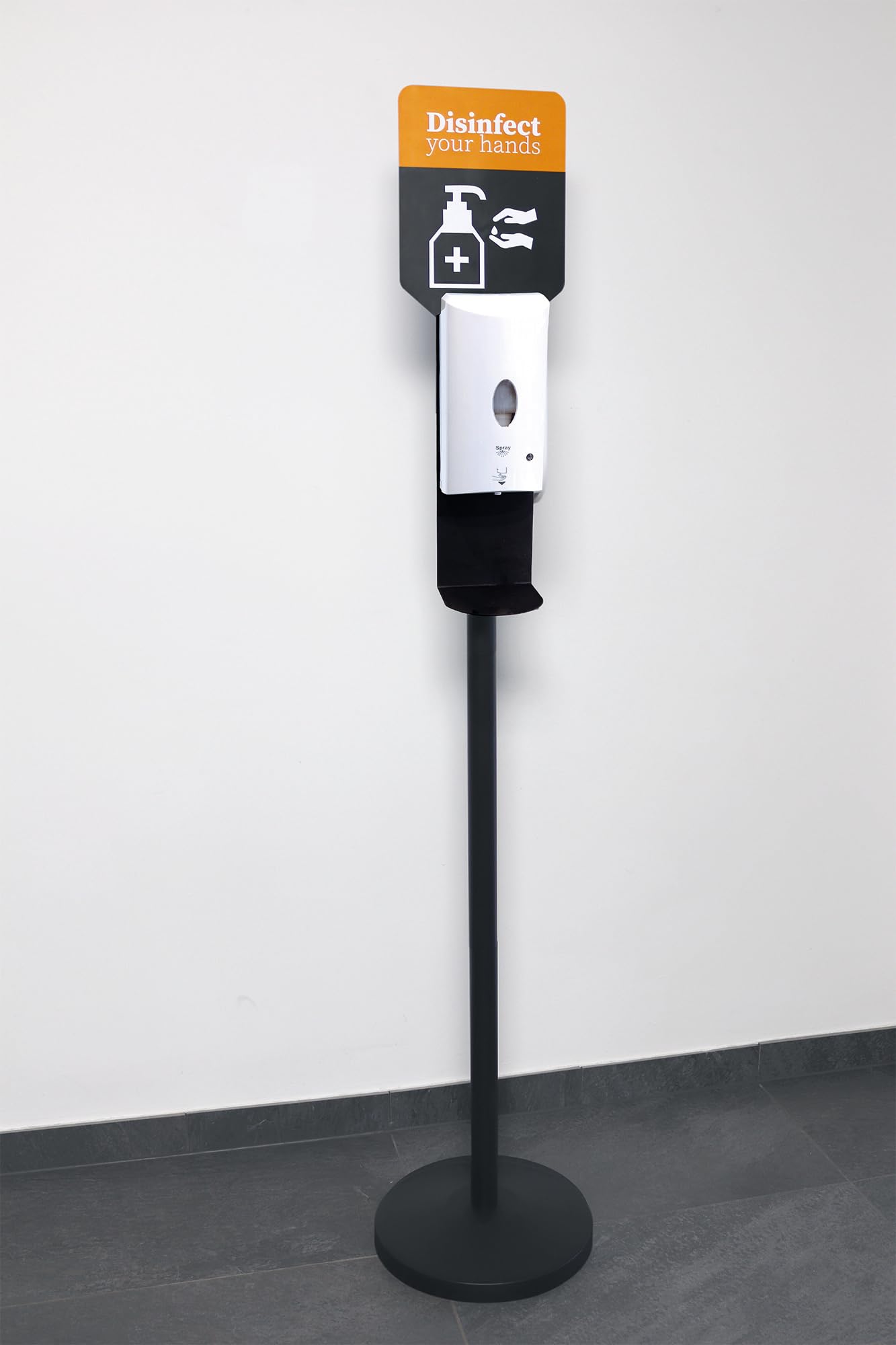 APS 98250 Desinfektionsständer/Desinfektionsmittelspender Metall, Schwarz, 32cm Durchmesser, 163cm Höhe
