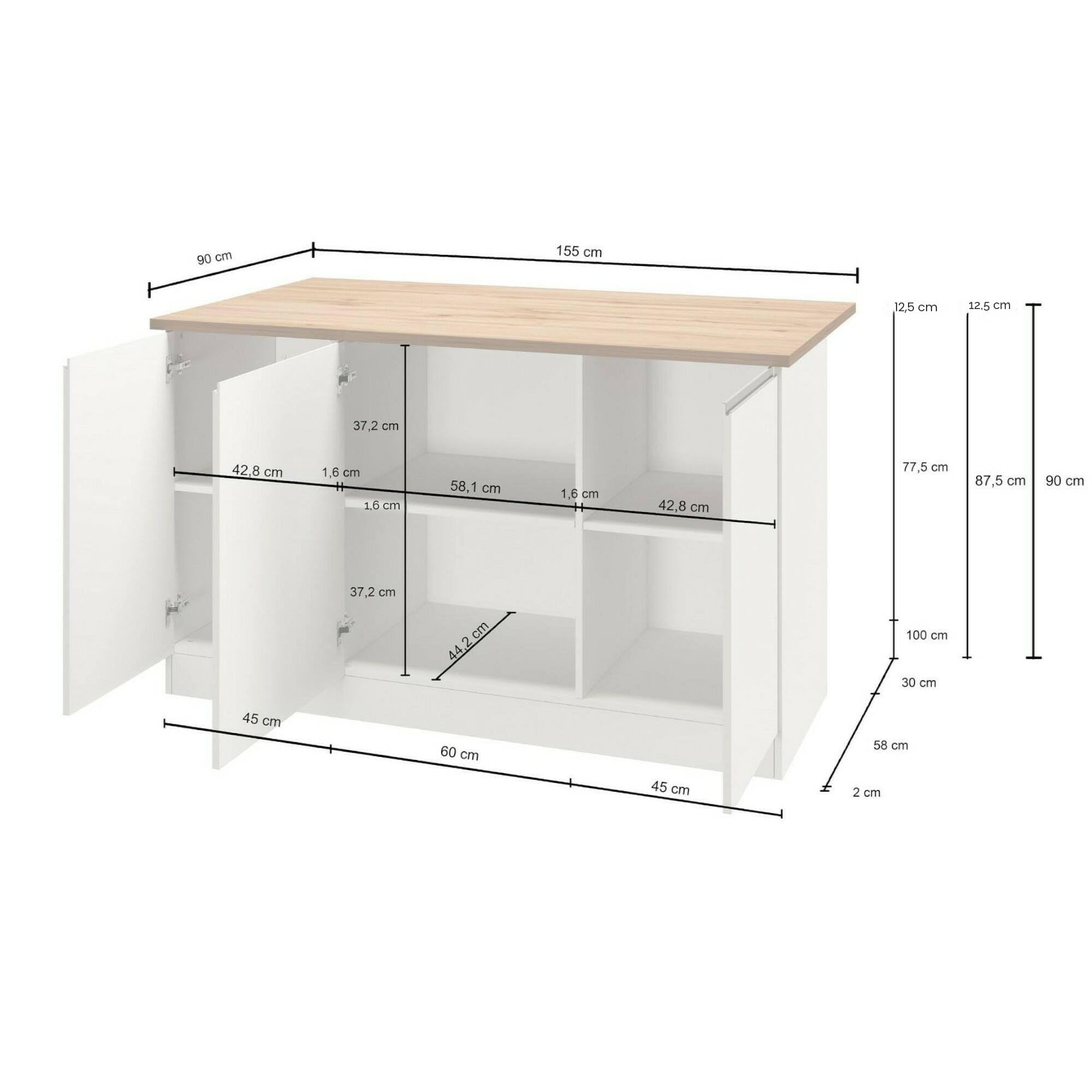 Dmora - Îlot de Cuisine Patrizio, Armoire Polyvalente, Meuble de kitchenette, Table auxiliaire, 100% Made in Italy, 155x90h90 cm, Blanc Brillant et chêne