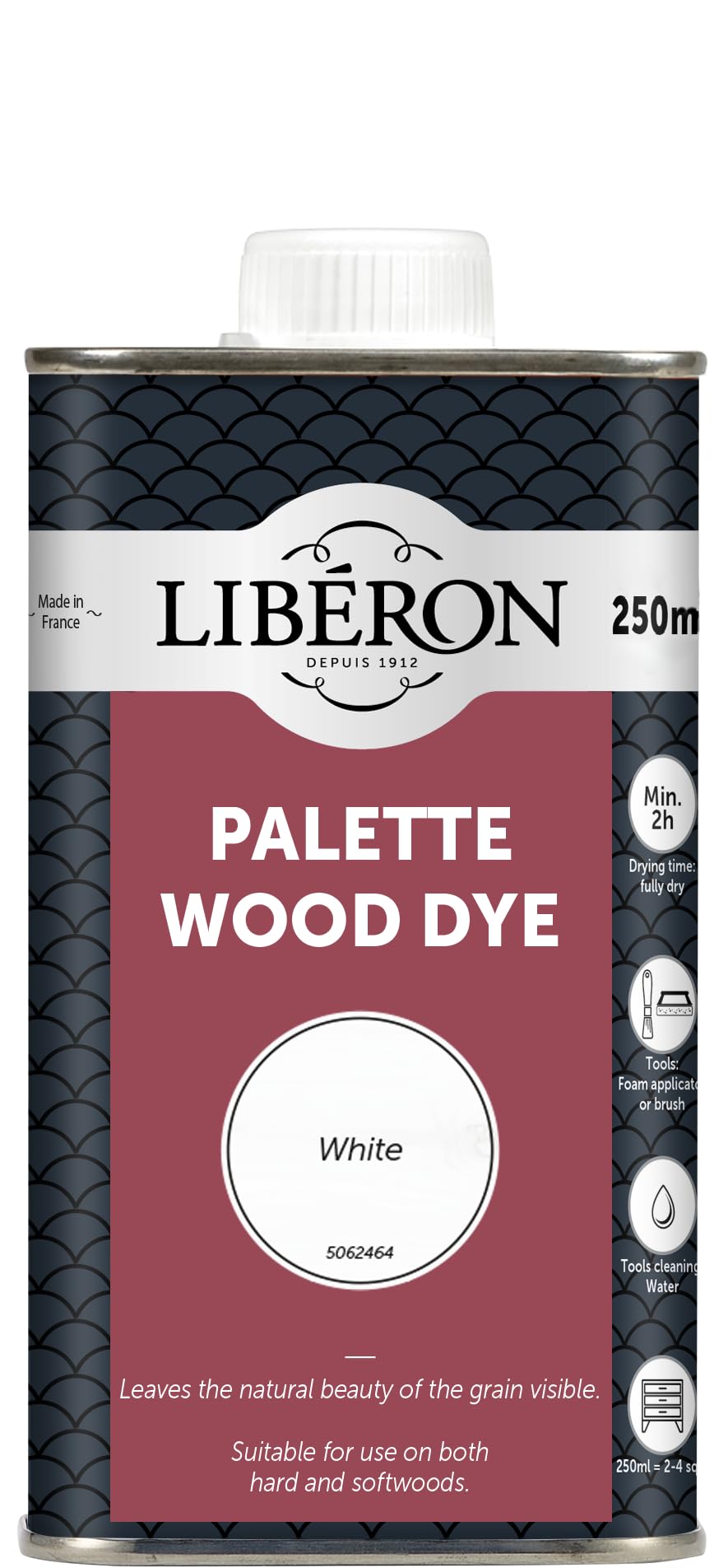 Libéron Palette Wood Dye – Water-Based Formula - Leaves Grain Visible - Hardwood & Softwood Furniture, Floors & Doors - Intermixable Colours - White - 250ml