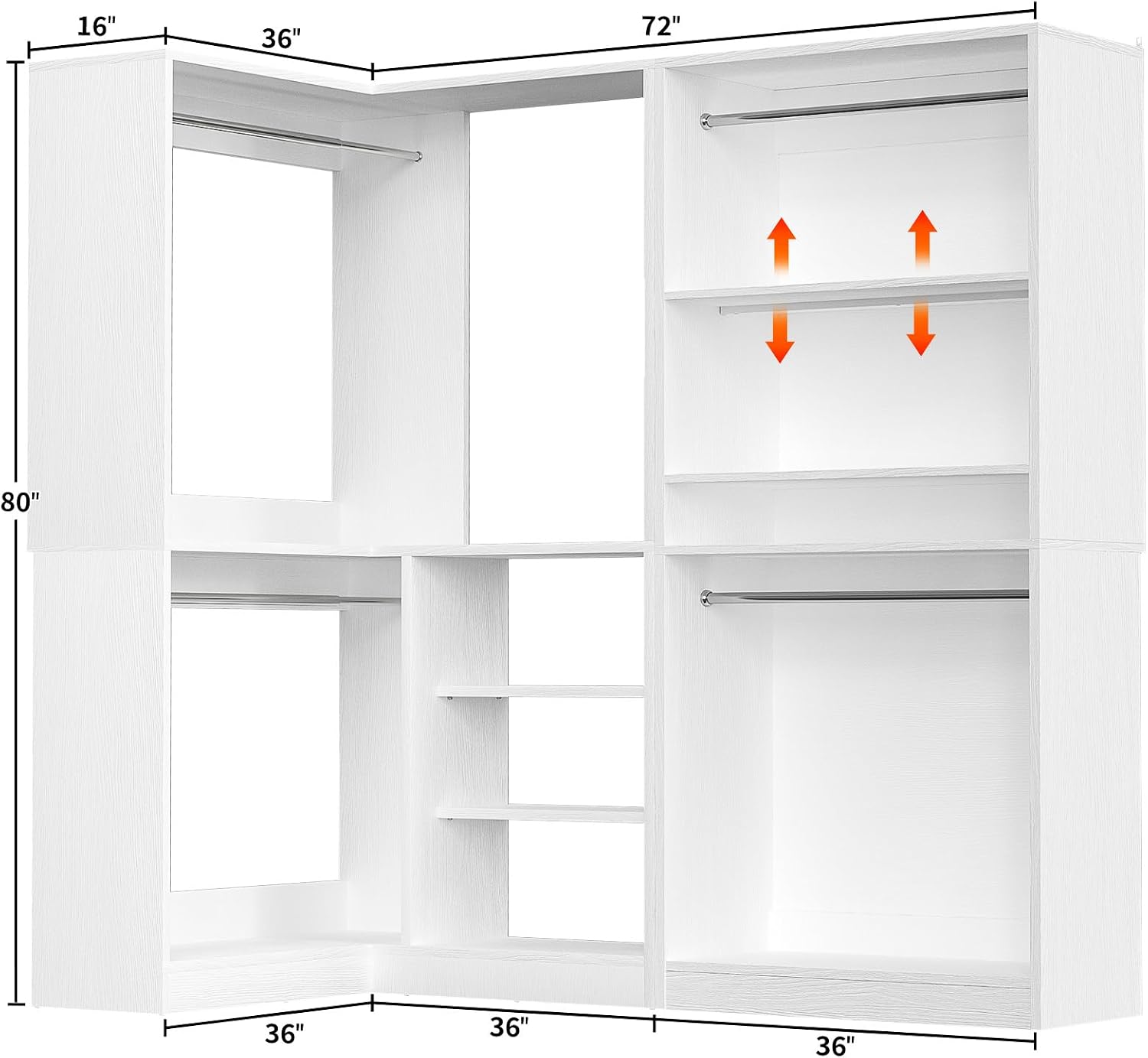 Unikito Corner Closet System, 72" L-Shaped Closet Organizer with 4 Hanging Rods, Heavy Duty Wood Garment Rack with Shelves, Freestanding Walk-in Closet Storage Tower for Bedroom, White
