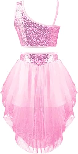 Miniatura 2 de CHICTRY Disfraz de ballet lírico latino moderno para niñas, con lentejuelas brillantes y falda tutú irregular de tul