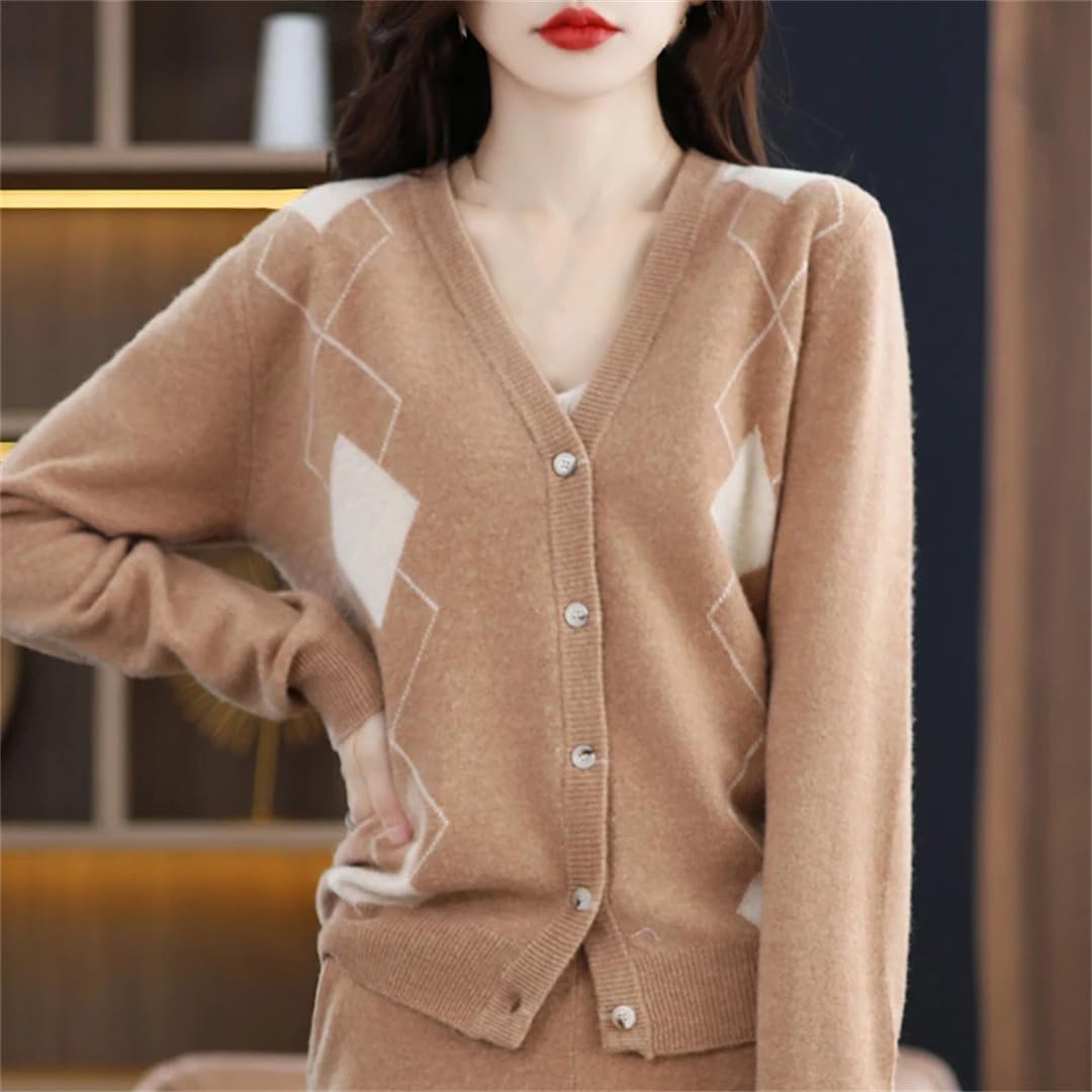 Maglione da donna in lana con scollo a V, lavorato a maglia, per autunno e inverno