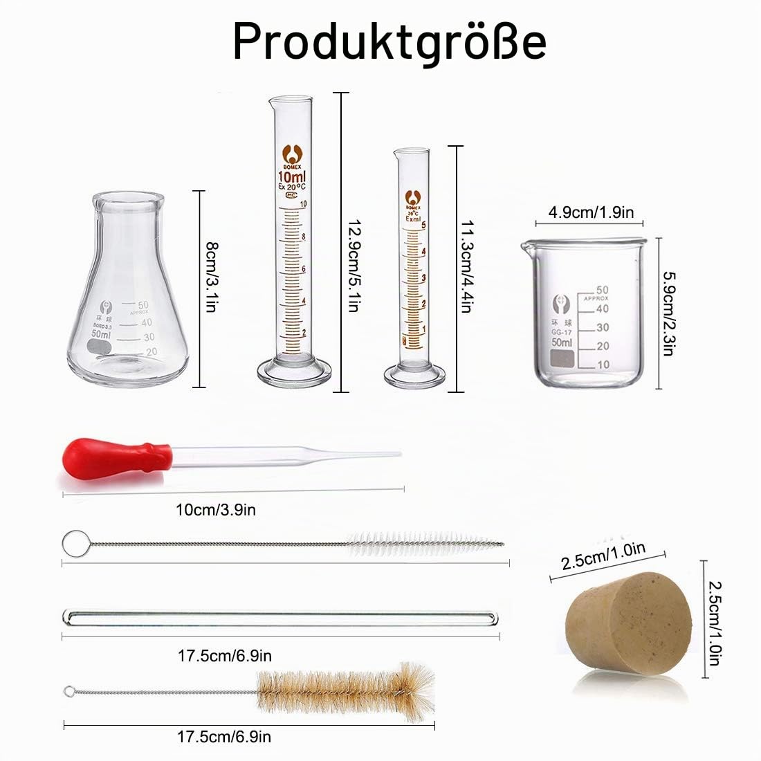 Glas Erlenmeyerkolben Set, JESTOOLO 50 ml Becherglas, 50 ml Konisch Fläschchen, 10 ml/5ml Messzylinder Glas mit 3 Glas Pipetten, 2 Waschbürste und 2 Glasstab, für Labor Lebensmittel Forschung Medizin