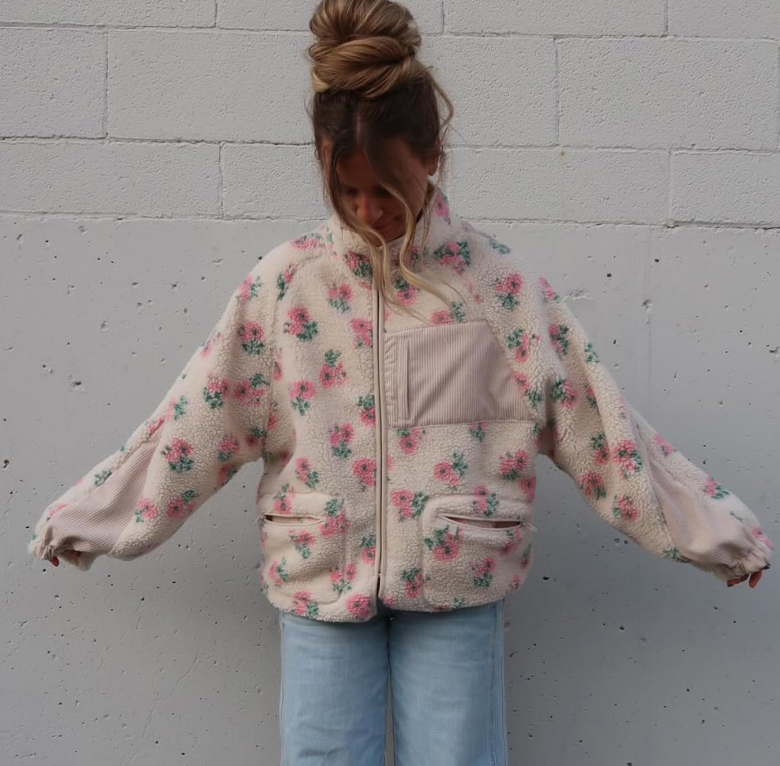 chouyatou Women's Winter Casual Spliced Floral Fleece Jacket Fall Fuzzy Oversized Faux Fur Sherpa Jacket