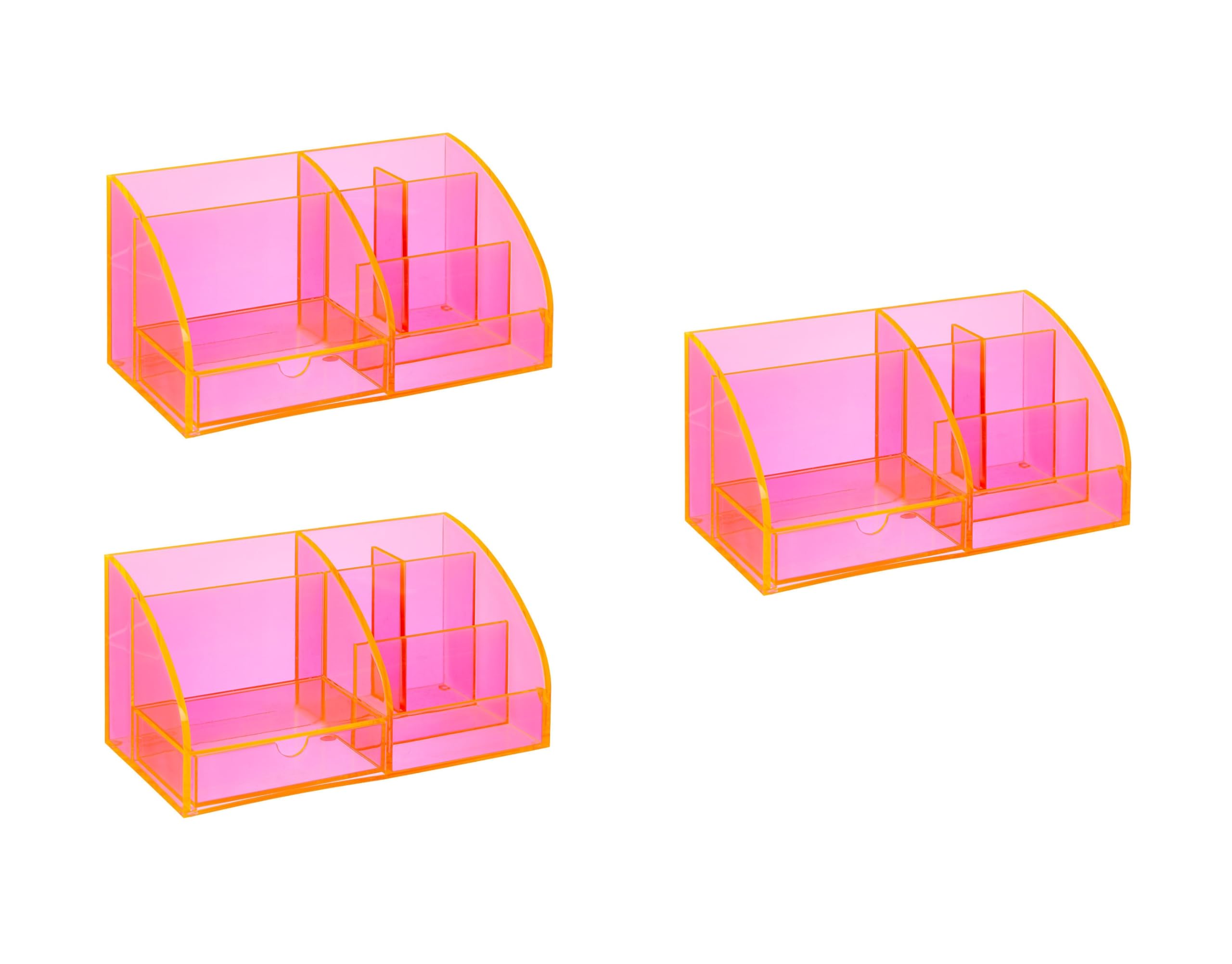 OSCO Transparent Acrylic Desk Tidy Pen Pot, 7 Section Organiser with Pull-Out Drawer for Stationery, Cosmetics & Home Office Supplies, H12×W25×D13 cm, 3 Pack, Neon — image 1