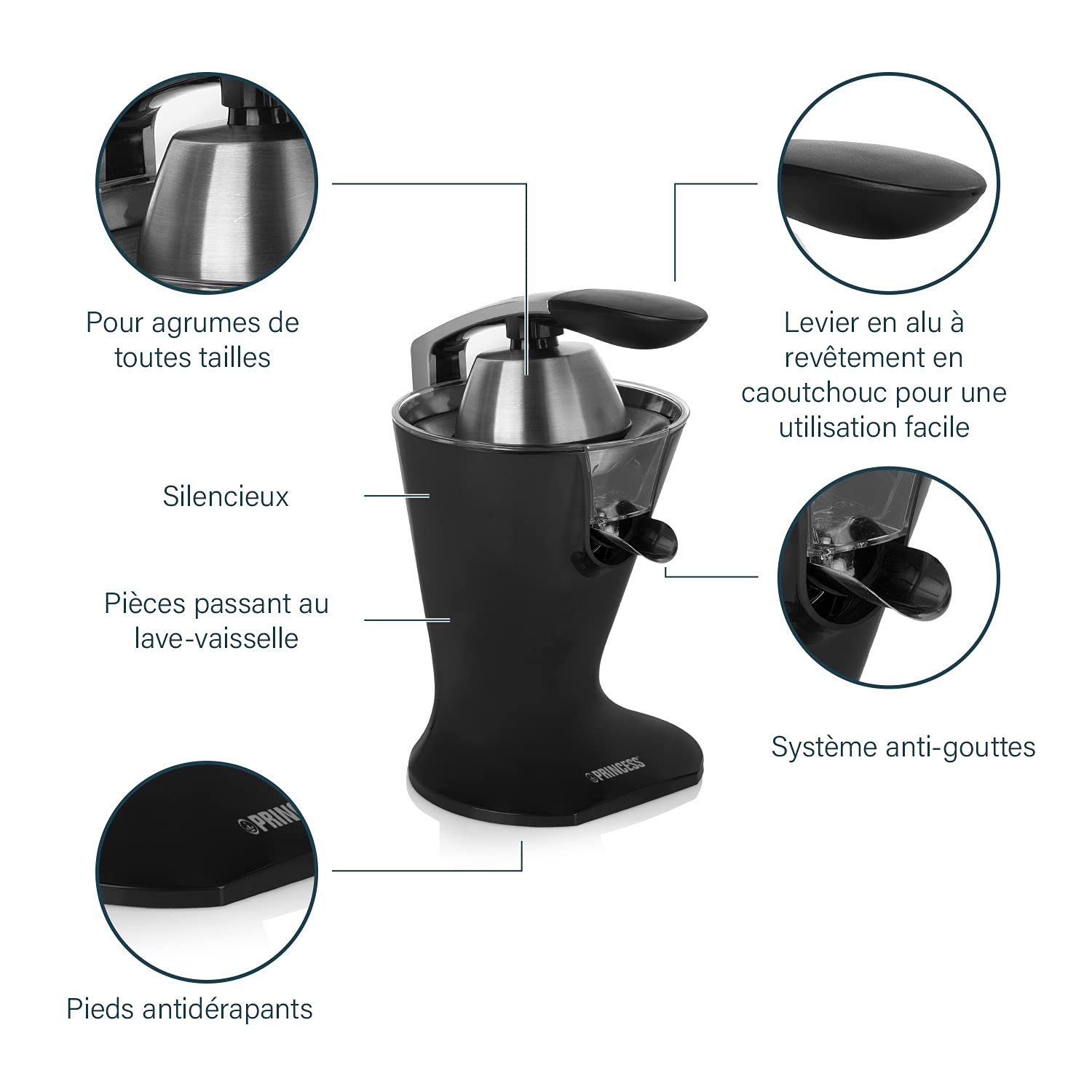 Princesse Presse-agrumes – Levier de pression – 300 W – Acier inoxydable – Noir mat – Facile à nettoyer – 201857