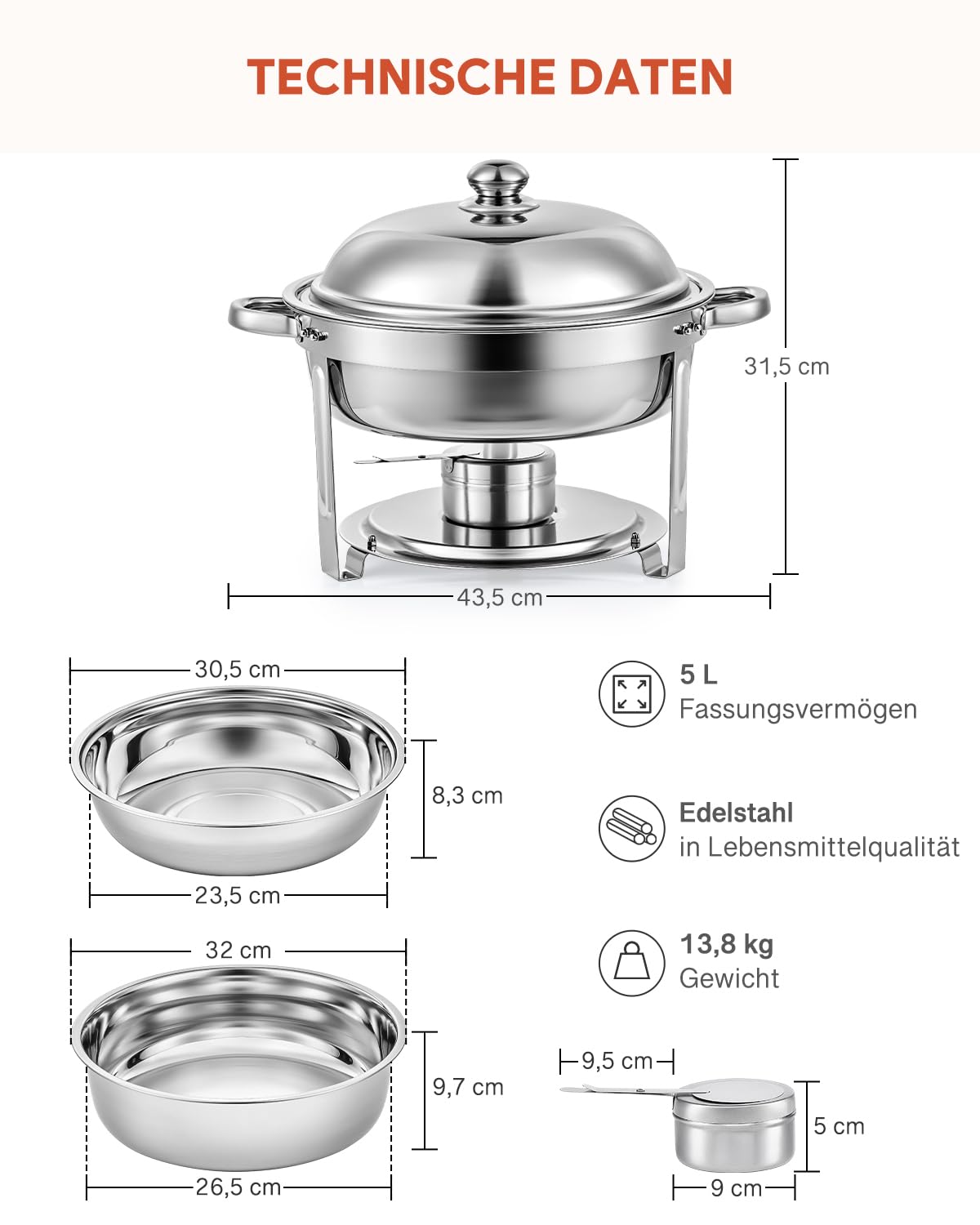 Wilprep podgrzewacz 5L 6-częściowy zestaw okrągłych pojemników termicznych ze stali nierdzewnej Chafing Dishes podgrzewacz do potraw, pojemnik termiczny, podgrzewacz do zup Bain Marie pojemnik do
