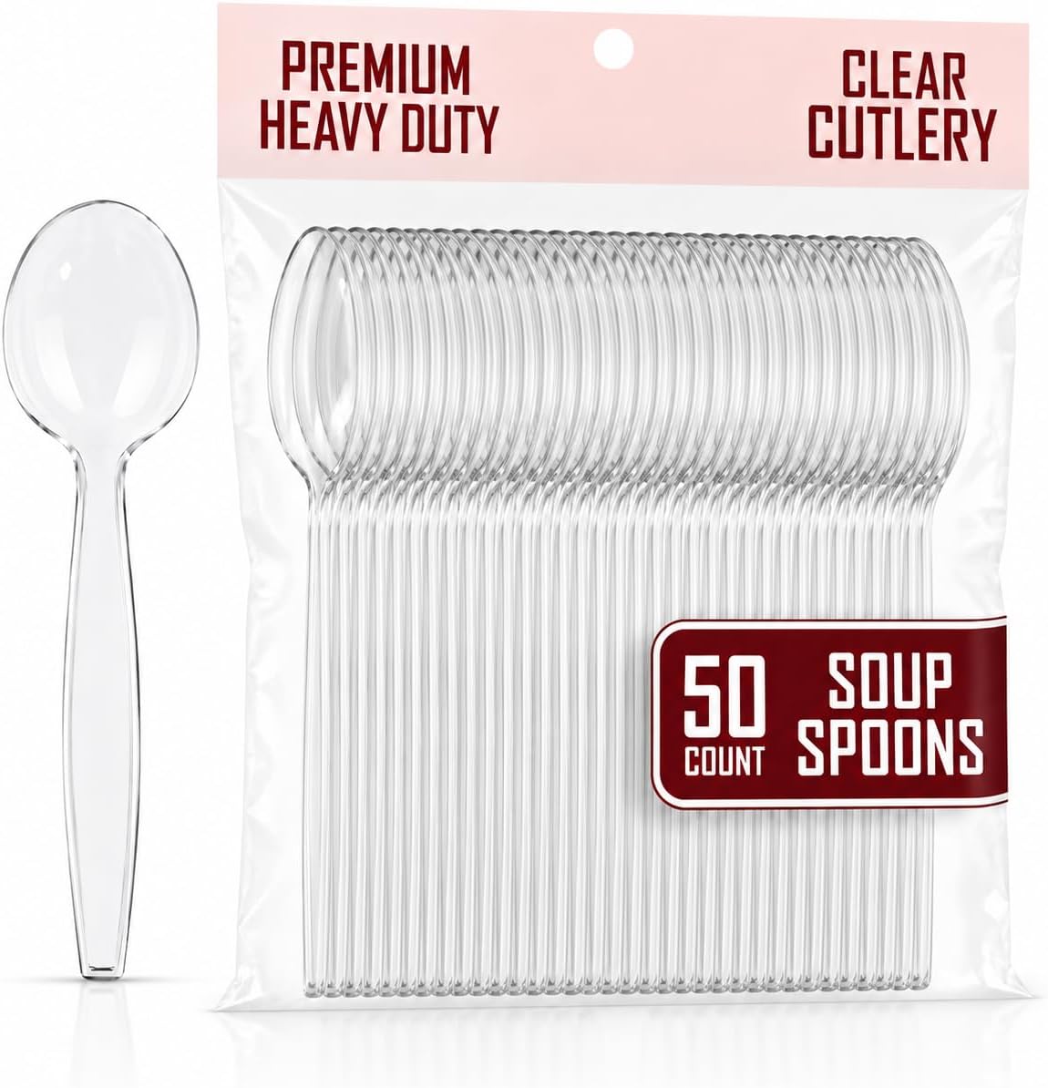 Clear Plastic Soup Spoons - 50 Count - Heavy Duty Disposable Soup Spoons - Large Plastic Spoons For Home, Parties, Caterings.