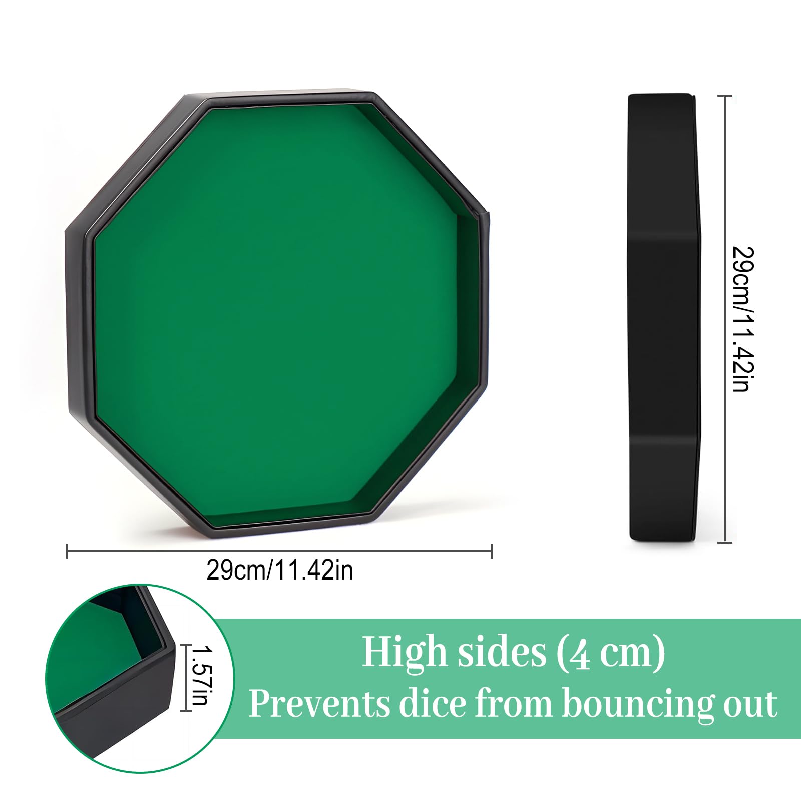 Plateau à dés, tapis à dés avec support en feutre, Dice Rolling Tray, plateau à dés octogonal doublé de feutre en cuir PU, plateau à dés pour jeux Dungeon Crawler (vert)