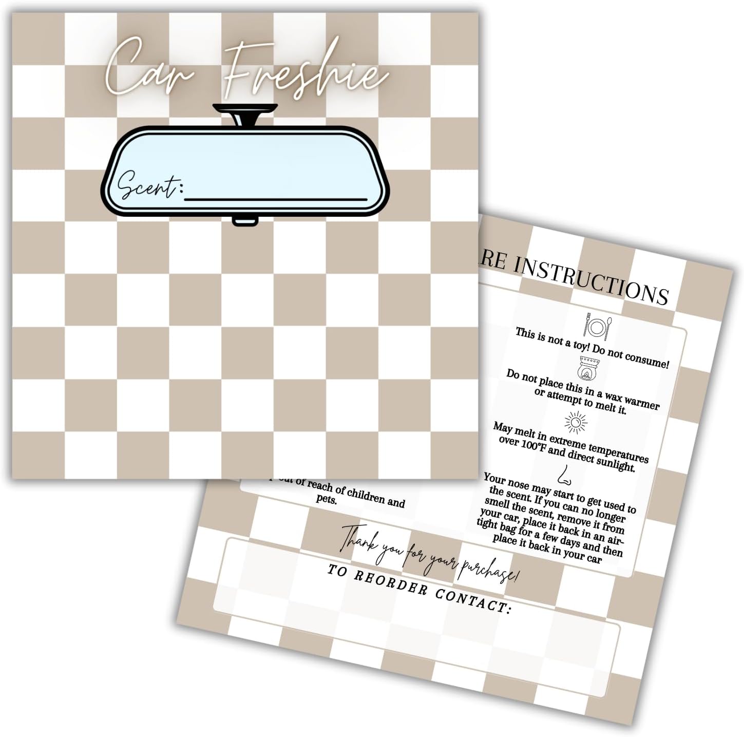Tan Checkered Freshie Cardstock Insert for Holographic Bag 30pk 5.6x5.6” for 6” Square Bags Car Freshies Rounds Vent Clips Care Instructions