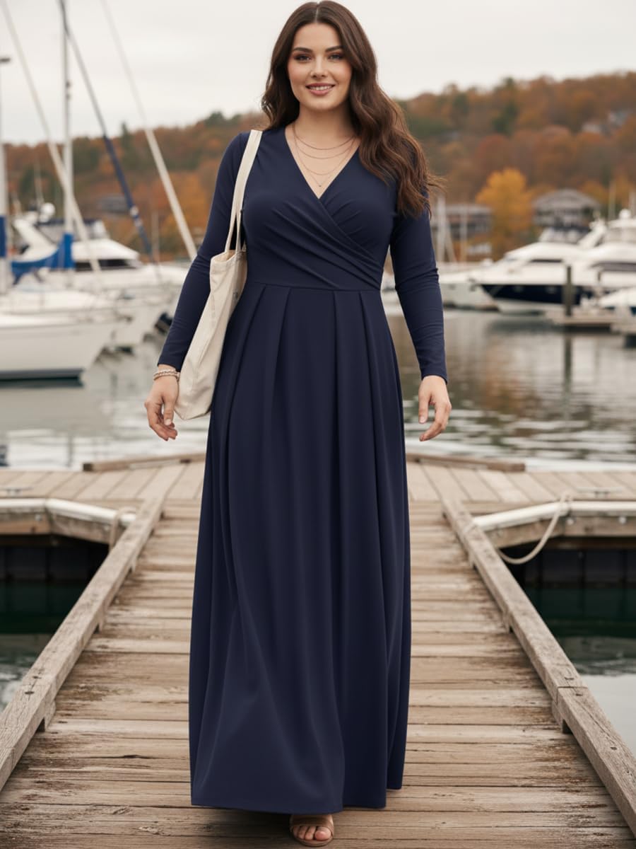 KOH KOH Womens Long V-Neck Full Sleeve Semi Formal Flowy Evening Cute Maxi Dress - Image 4