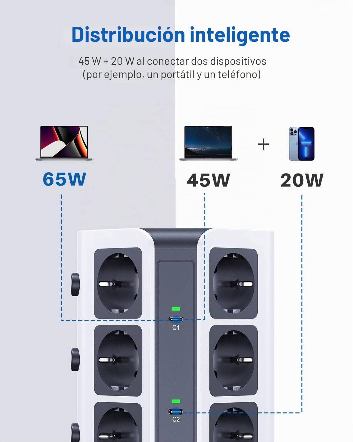 KOOSLA Regleta 65W PD USB-C, 12 Enchufes, 2M, Gris Oscuro | 12 Enchufes, 2 USB-C PD + 3 USB-A, 3680W/16A, Cable 2M, Protección contra Sobretensión