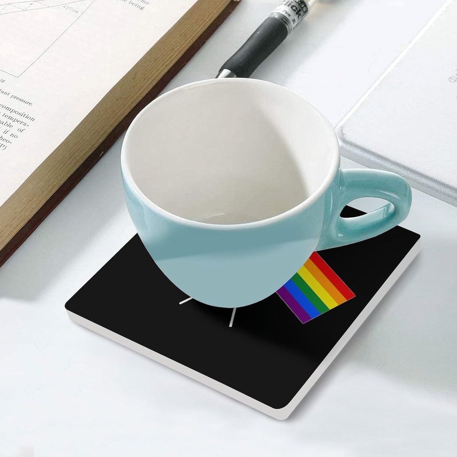 Europe EU Rainbow Flag Funny Ceramic Coasters for Drinks Absorbent Cup Holder Tabletop Protector with Cork Base