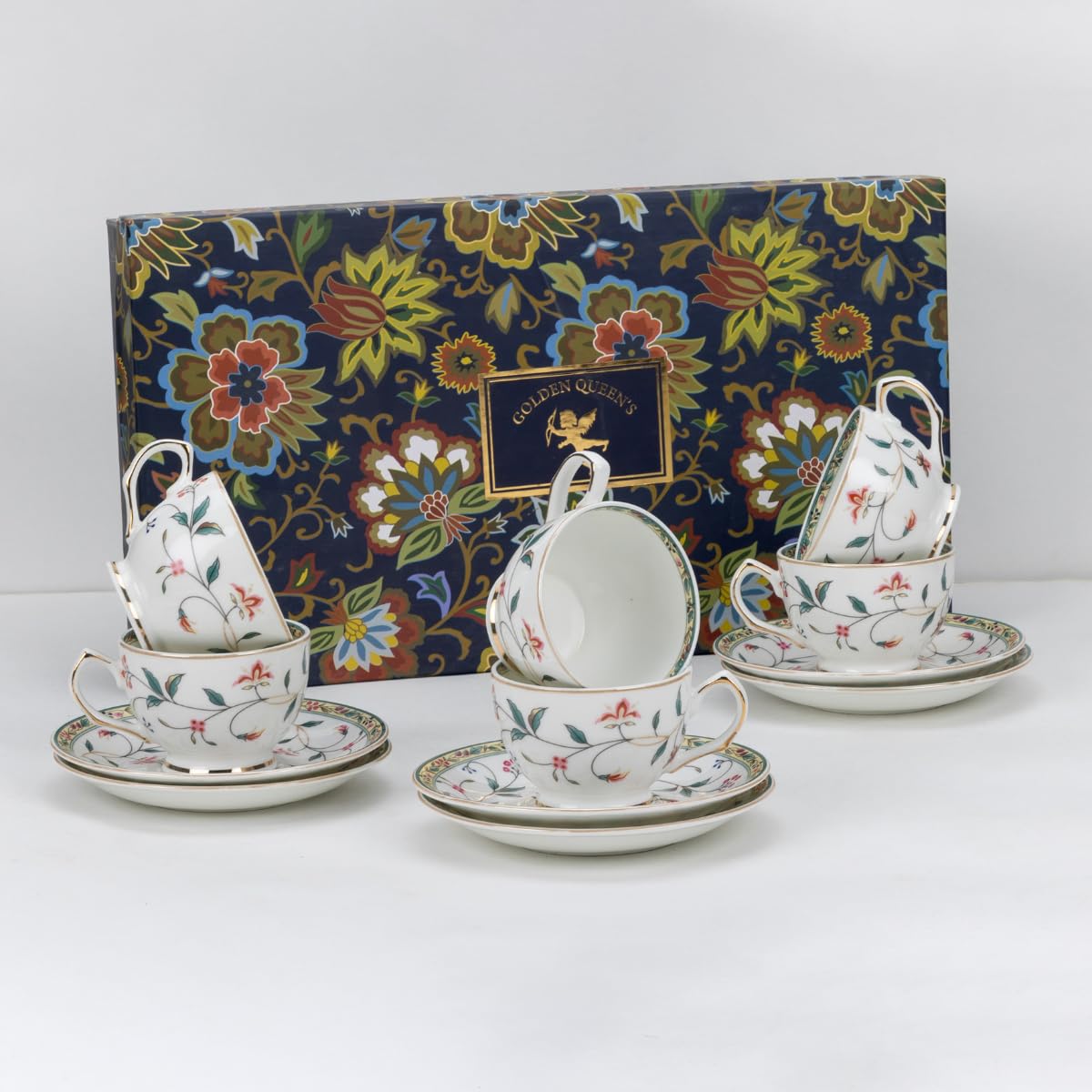 GOLDEN QUEEN'S Cup, Saucer & Spoons Set | Perfect for Hosting & for Tea/Coffee | Handcrafted in India | 24-Carat Gold Details | 6 Cups, 6 Saucers & 6 Spoons | 170 ml - Leafy Blush & Pink Charm 4