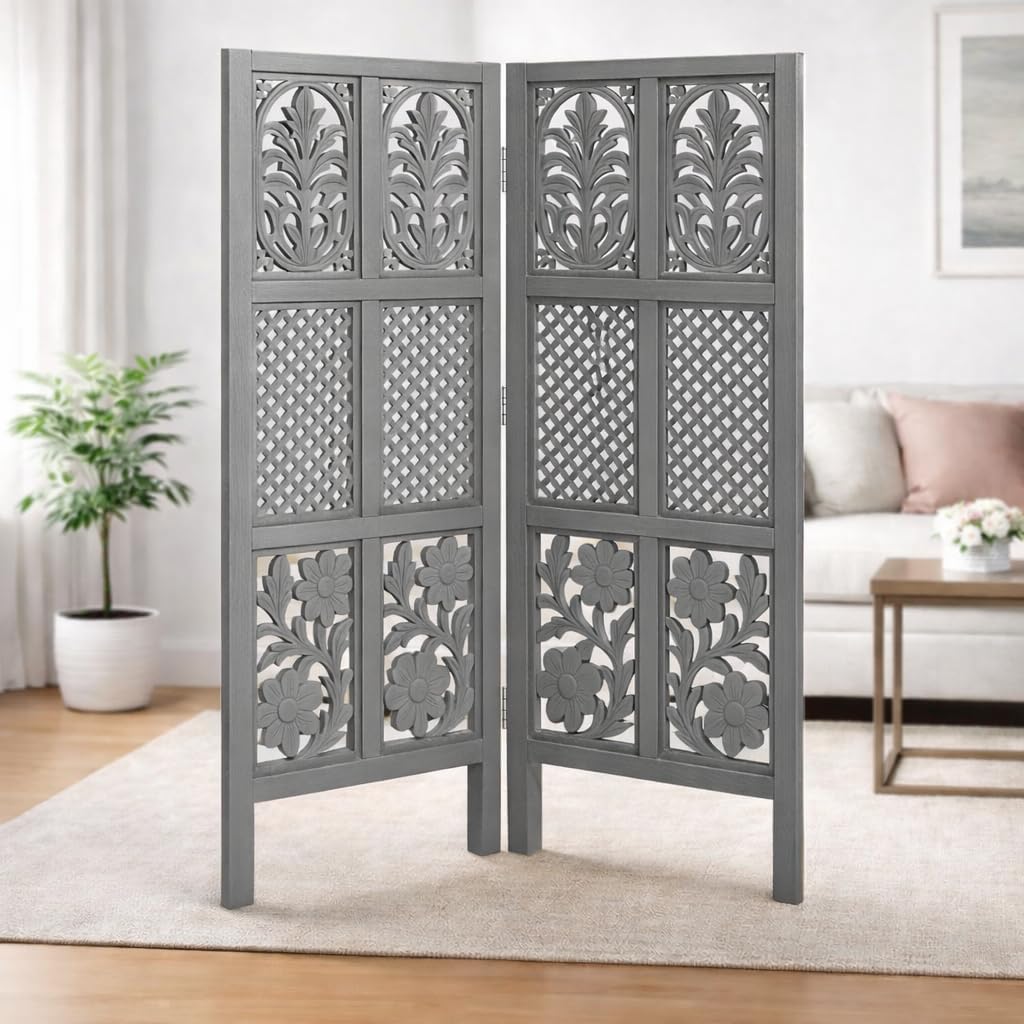 Wooden Room Divider Partition | Privacy Screen Separator for Living Room Bedroom Hall | Foldable Floor Screen | Home & Office Décor Partition (Grey, 2 Panel 4 feet Mix)-picture-18