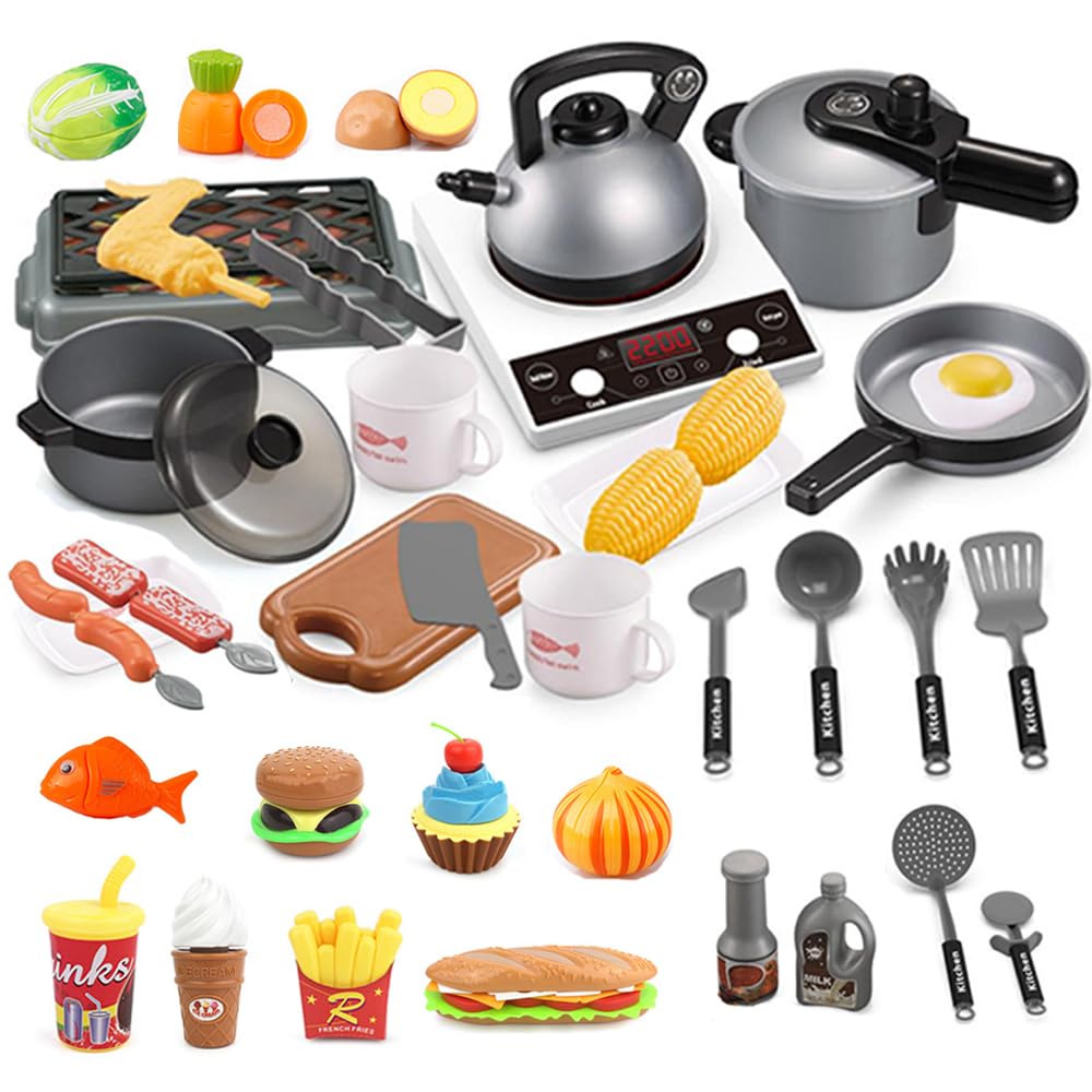40 PCS Kitchen Playsets, OMGOD Play House Toy Breakfast Stove Pots Utensils and Pans Food Pretend Cookware Cooking Play Kitchen Set Playset for Kids Girl Boy Toddlers Birthday for Girl