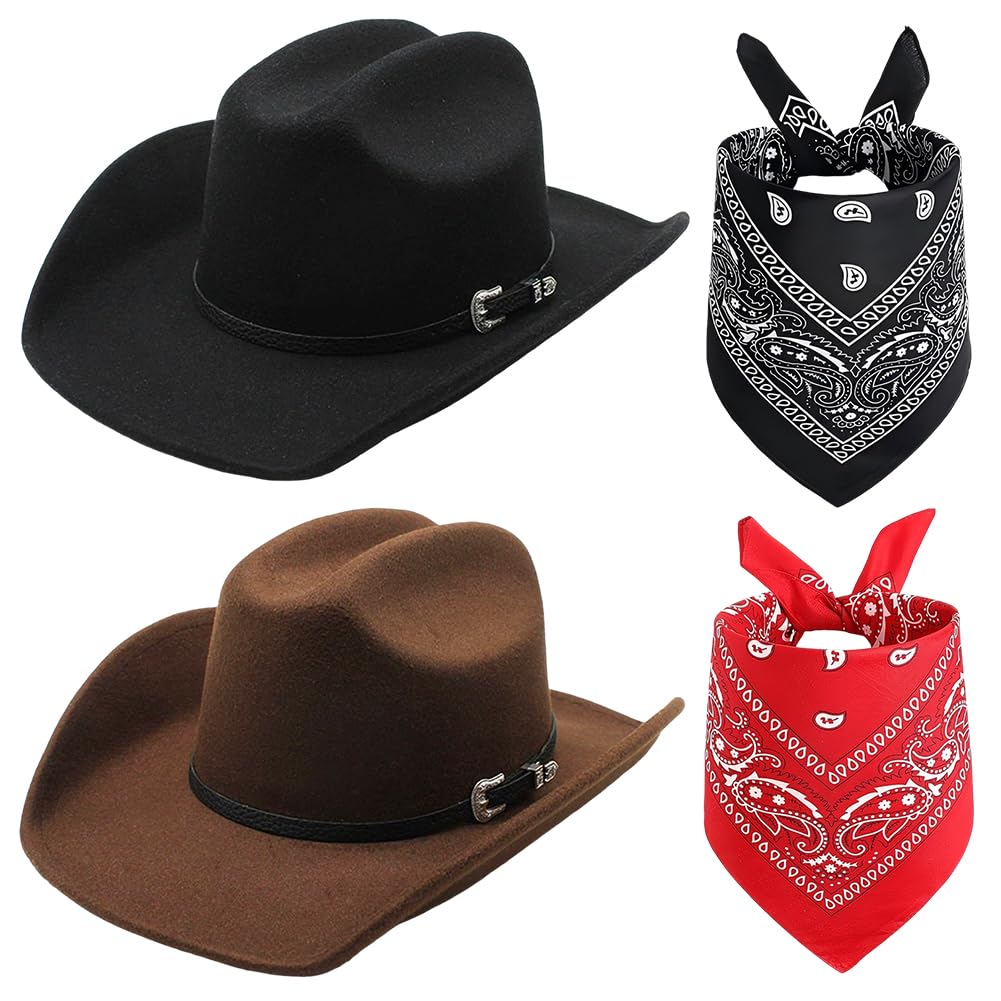 FCXVXCL Cowboy Hat for Women & Men 4 Pcs Cowboy Sun Hat Western Fancy Accessory Bandana Wide Brim Set for Cowgirl Theme Party Halloween Bachelorette Party Accessories