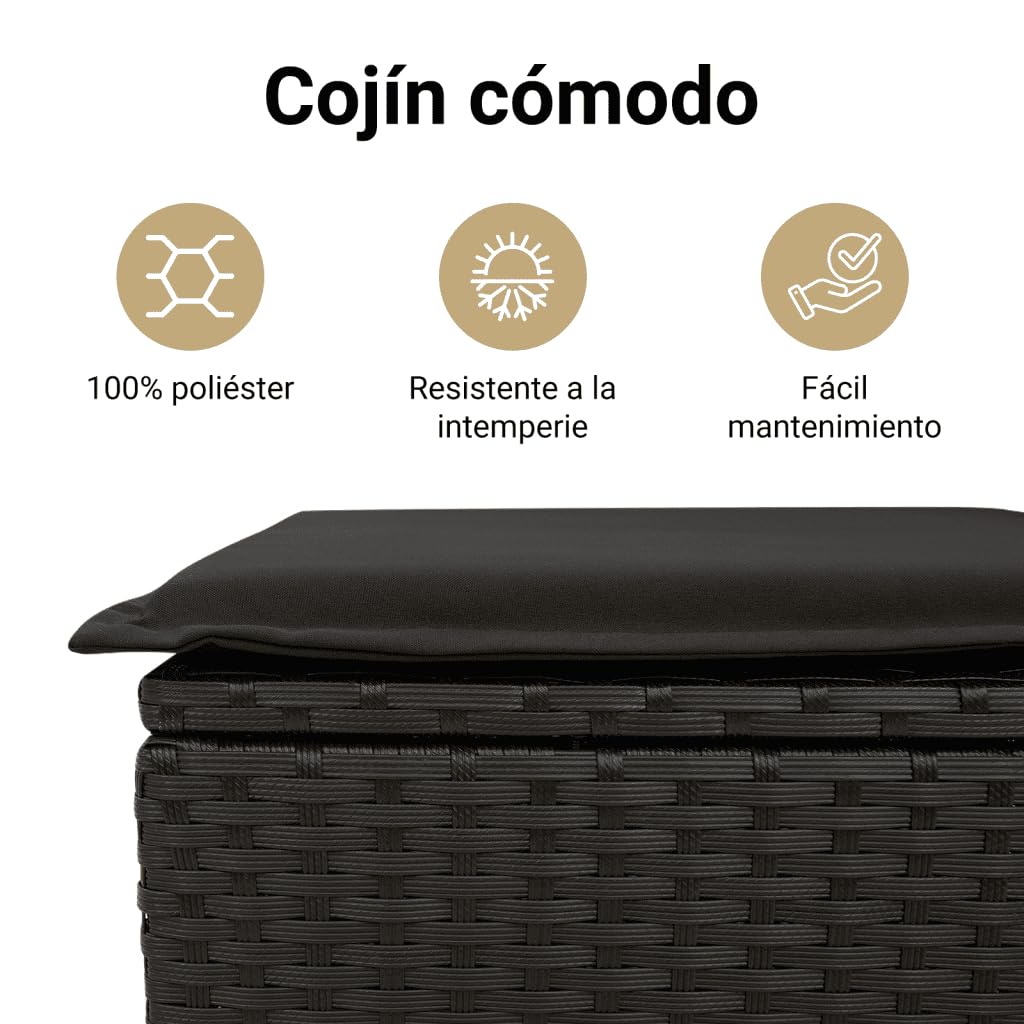 vidaXL Taburete de jardín con cojín Negro 55x55x37 cm ratán sintético