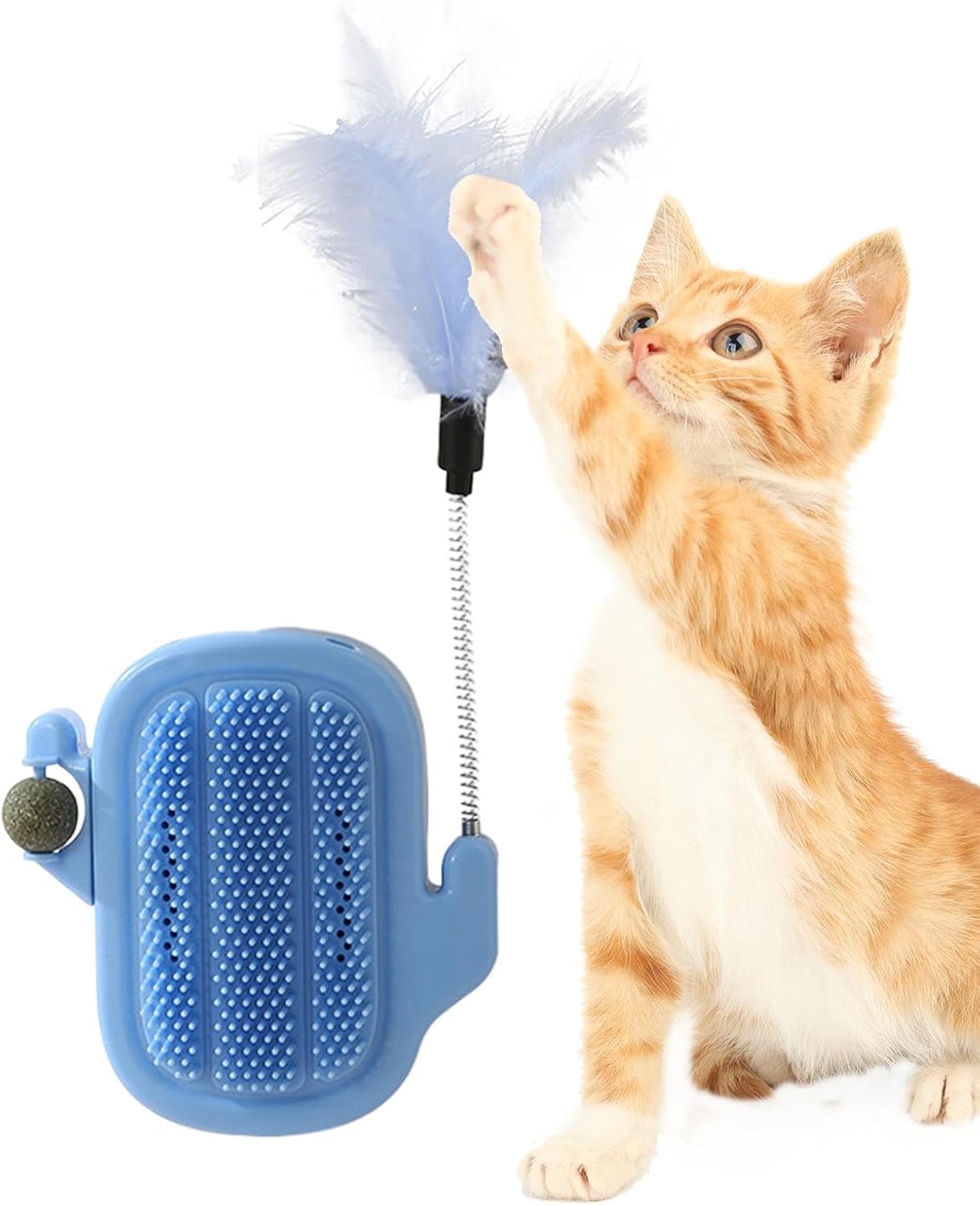 Filvczt Catnip Toys, Teaser Stick Catnip Ball, Cat Grooming Brush Toy, With Interactive Teaser Stick, Grooming Brush & Massager 32x13.8cm, Green/Cream/Blue, For Cat Cleaning, Massage And Shedding 3 61ZIyIUUOVL. AC SL1500